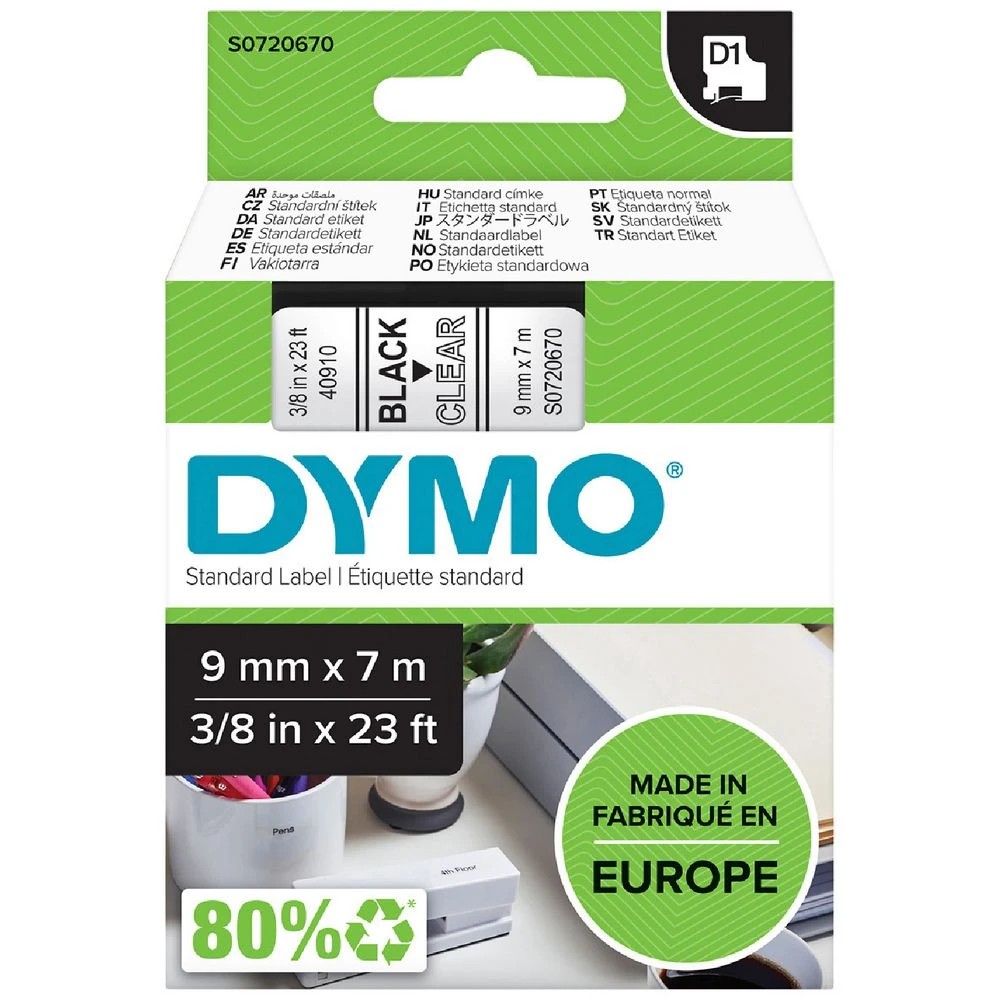 1 DYMO D1 Label Tape 9mm  x 7m Black on Clear, 1 of 4