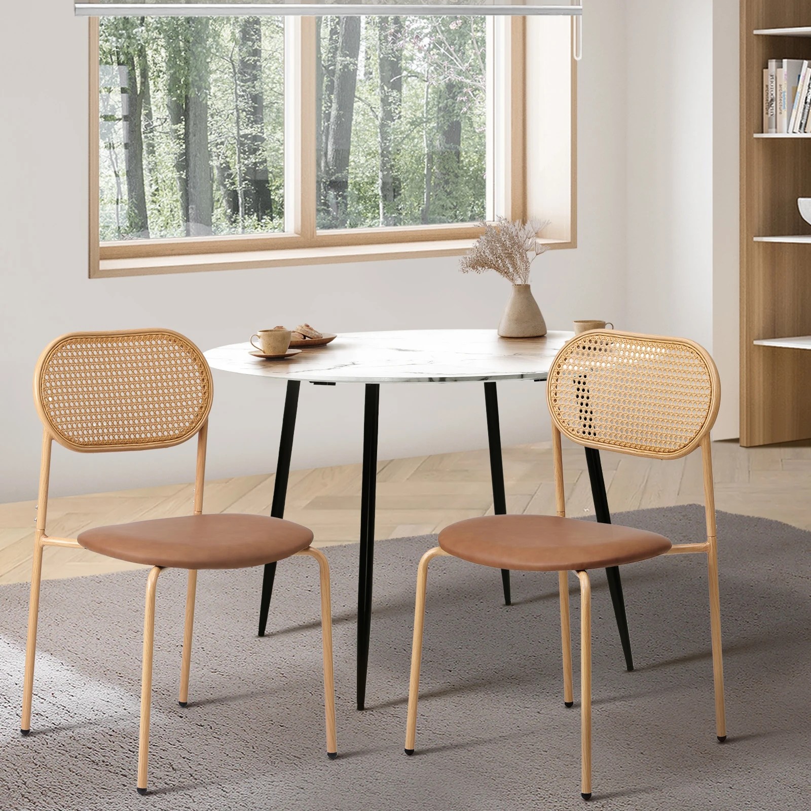 2 Oikiture 2pcs Dining Chair Accent Chairs Rattan Furniture Pu Leather
 - Brown, 2 of 10