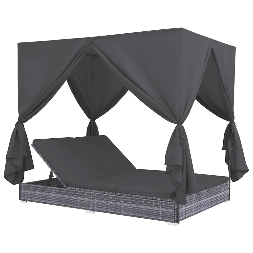 1 vidaXL Outdoor Lounge Bed With Curtains Poly Rattan - Grey, 1 of 6