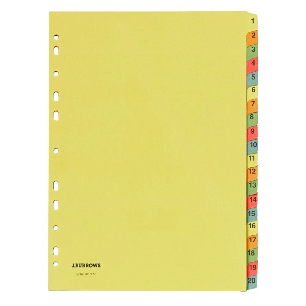 3 J.Burrows Manilla Dividers A4 1-20 Tab Assorted Colours, 3 of 3