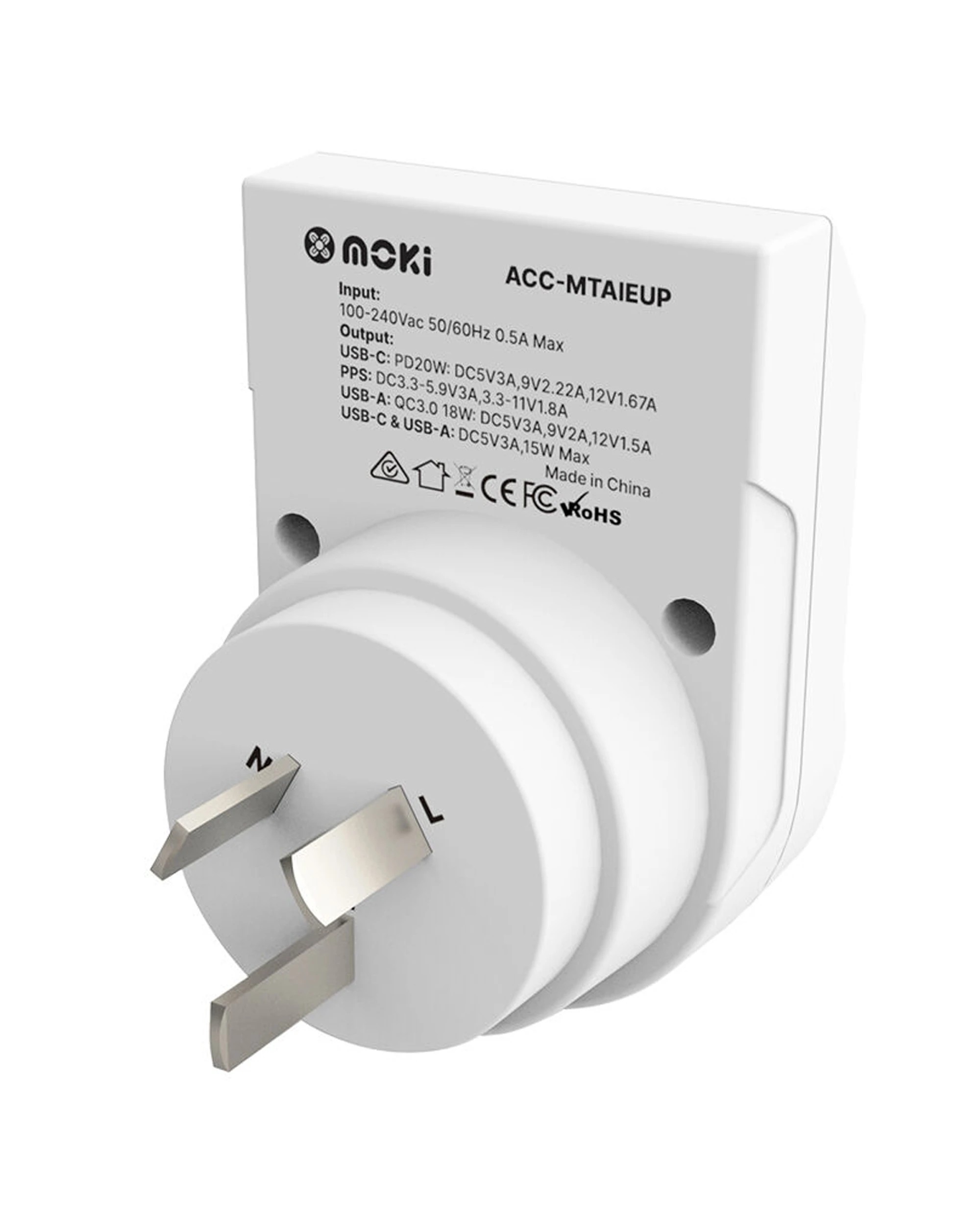 4 Moki 2PK Travel Adaptor Plus Inbound EU to AU NZ with Type C USB A - White, 4 of 4