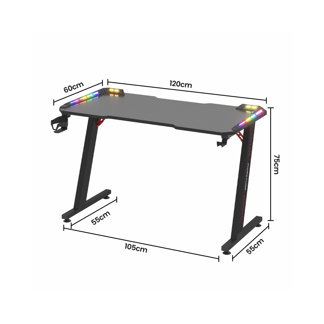5 Advwin 120cm Gaming Desk RGB LED Light Carbon Fiber Computer Desk with Cup Holder and Headphone Hook, 5 of 5