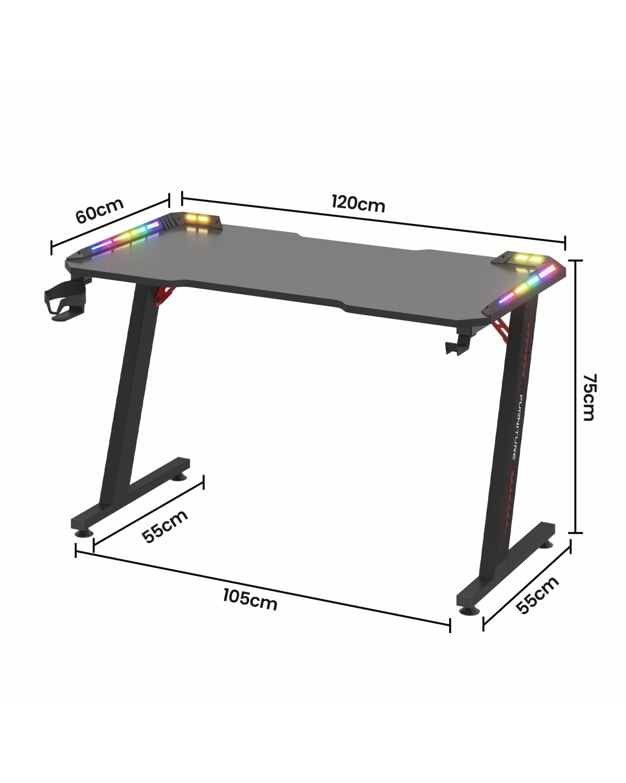 5 Advwin 120cm Gaming Desk RGB LED Light Carbon Fiber Computer Desk with Cup Holder and Headphone Hook, 5 of 5