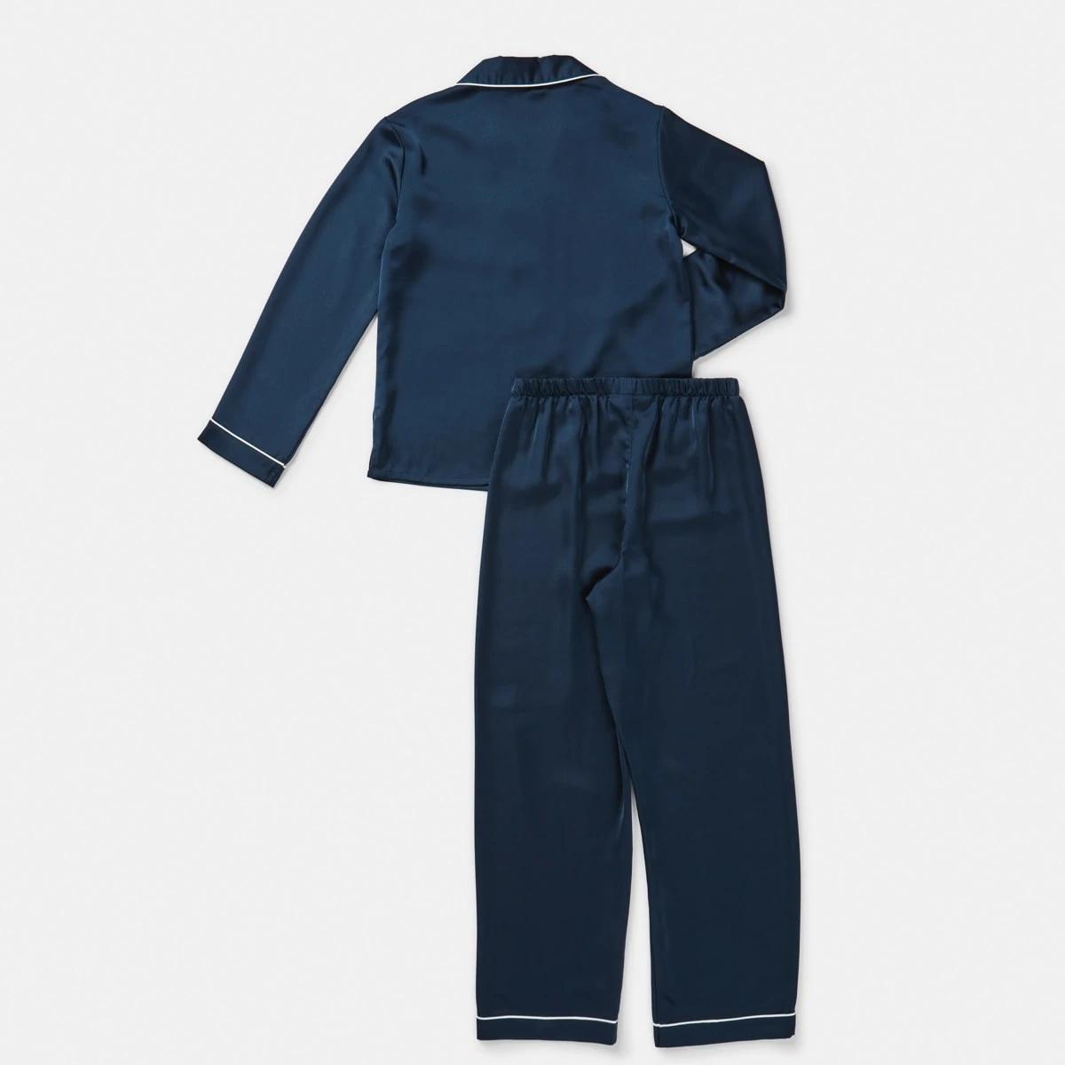 8 Long Sleeve Satin Pyjama Set Dress Navy, 8 of 10