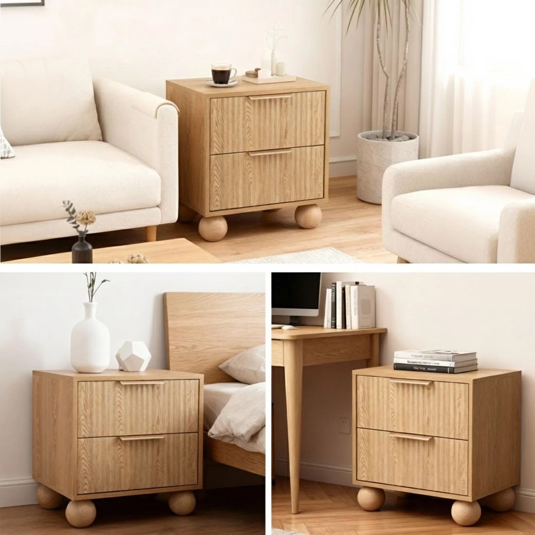6 Artiss Rattan Bedside Table 2 Drawers Pine - Natural, 6 of 8