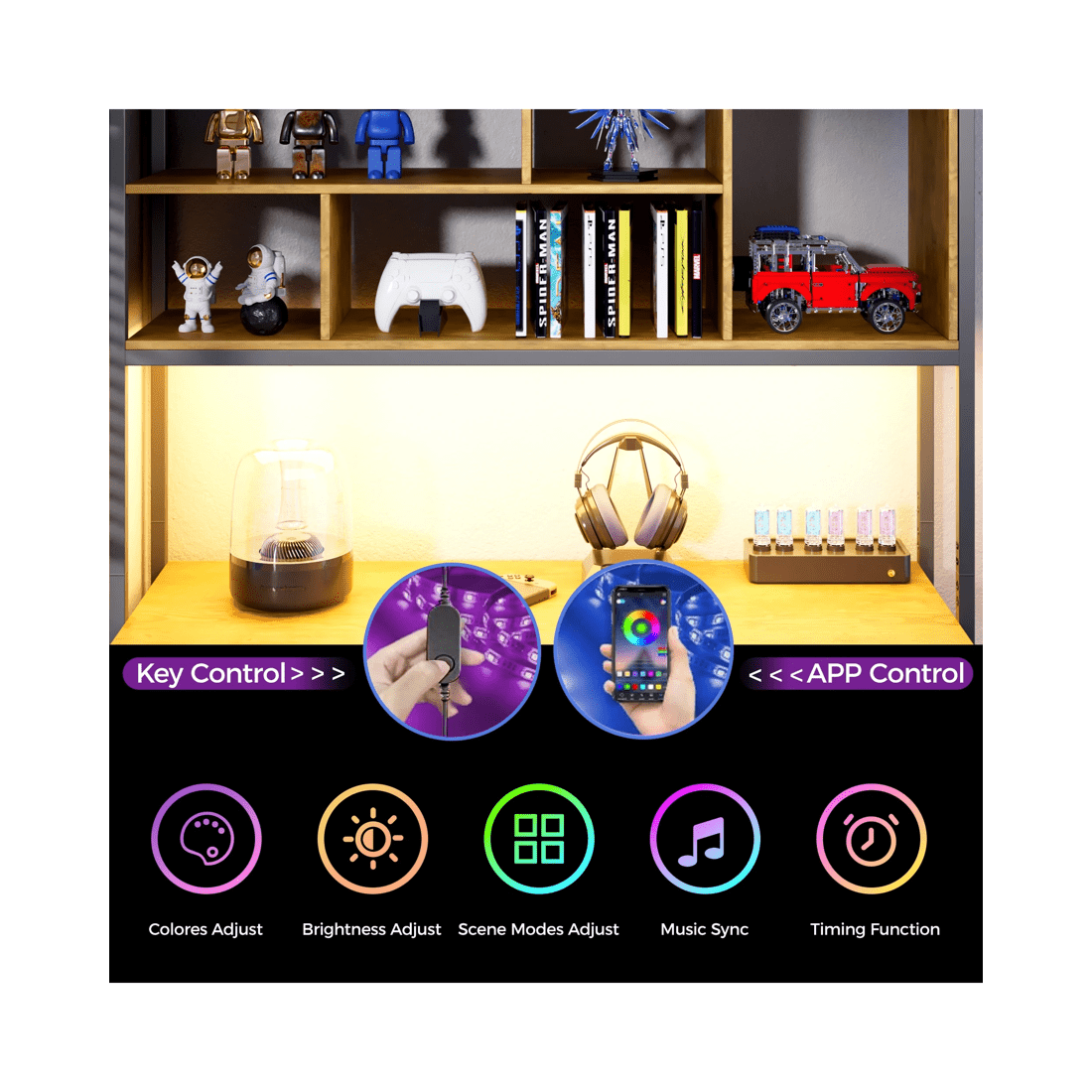 3 Advwin L Shaped Gaming Desk With Led Lights Reversible 148cm Computer Desk With 3 Drawers And Bookshelf Walnut, 3 of 9