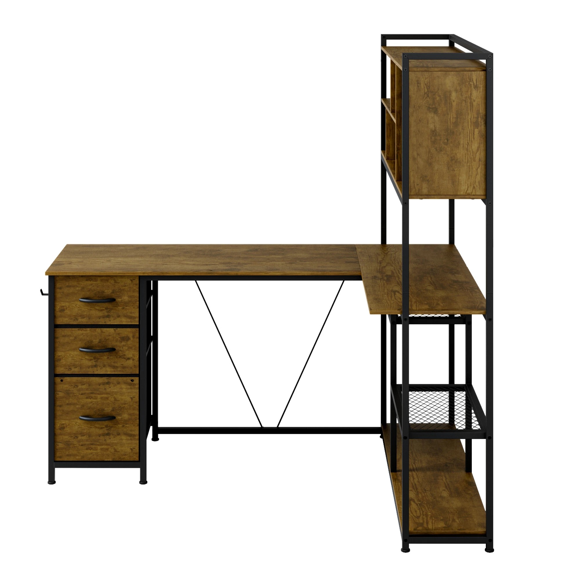 3 Advwin L Shaped Gaming Desk With Led Lights Reversible 148cm Computer Desk With 3 Drawers And Bookshelf Walnut, 3 of 9