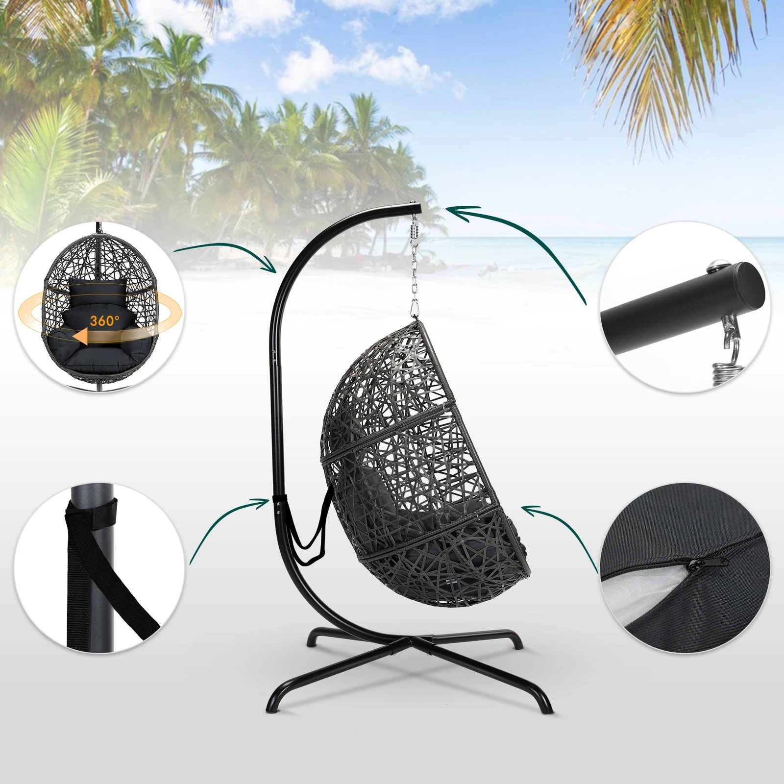 7 Alfordson Outdoor Egg Swing Chair Wicker Rattan Pod Basket Dark - Grey, 7 of 10