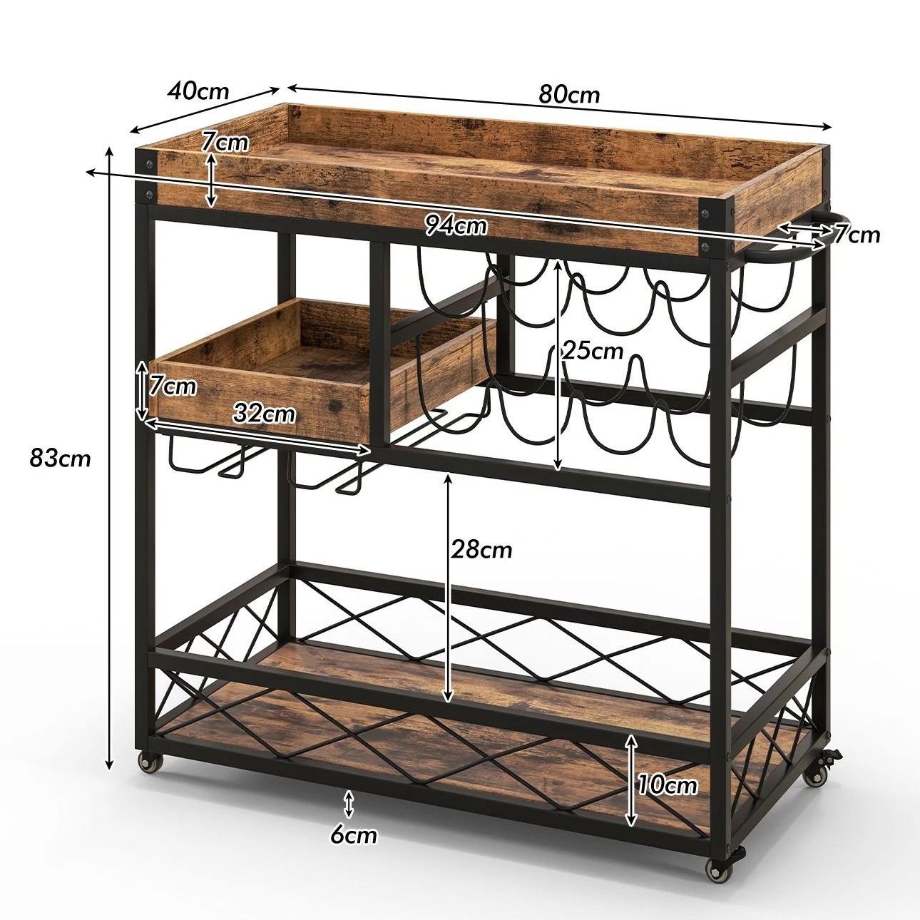 4 Costway 3-Tier Bar Cart Trolley w/Wine Rack, 4 of 5