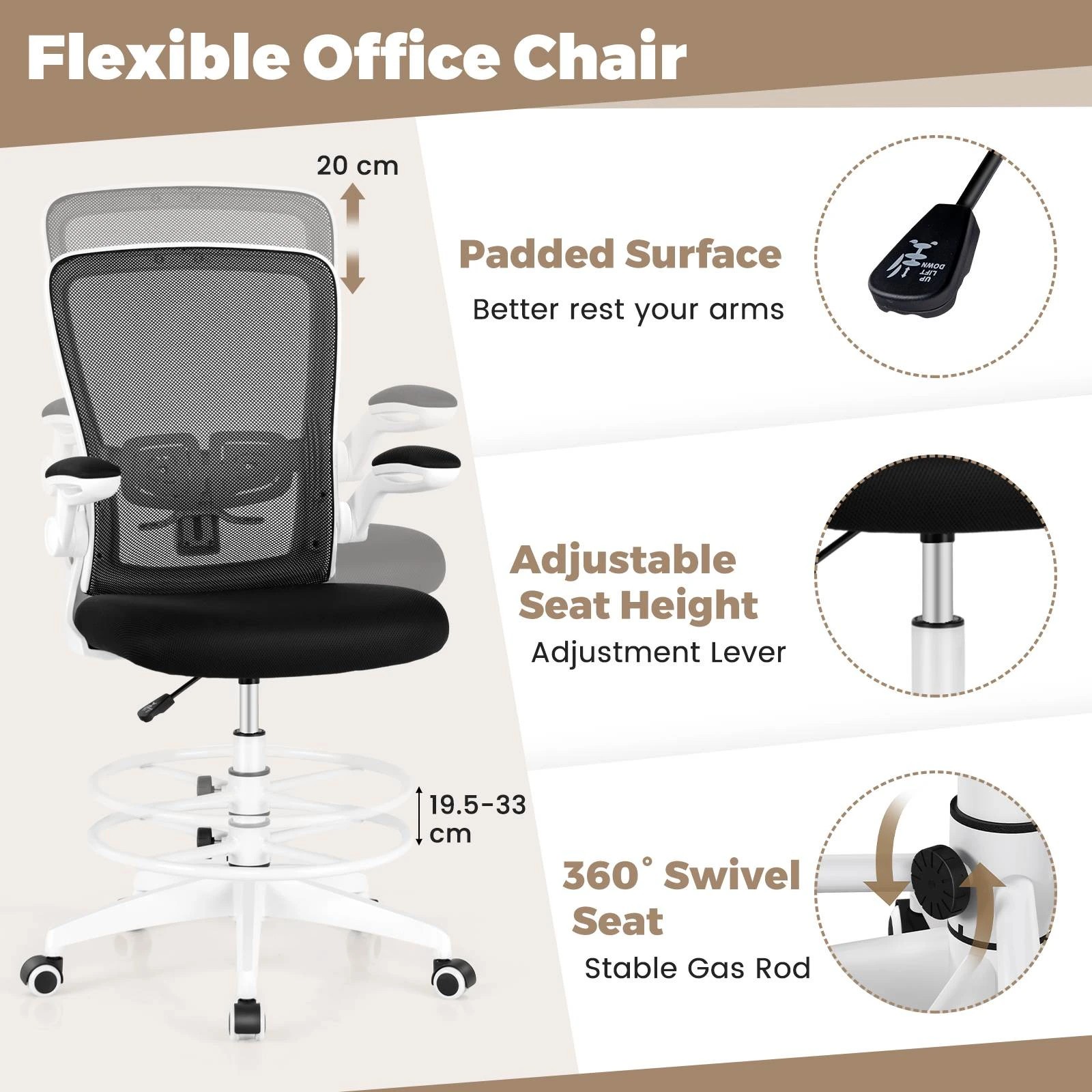 5 Costway Mesh Drafting Chair Office Chair Gaming Desk Chair Adjustable Height, 5 of 10