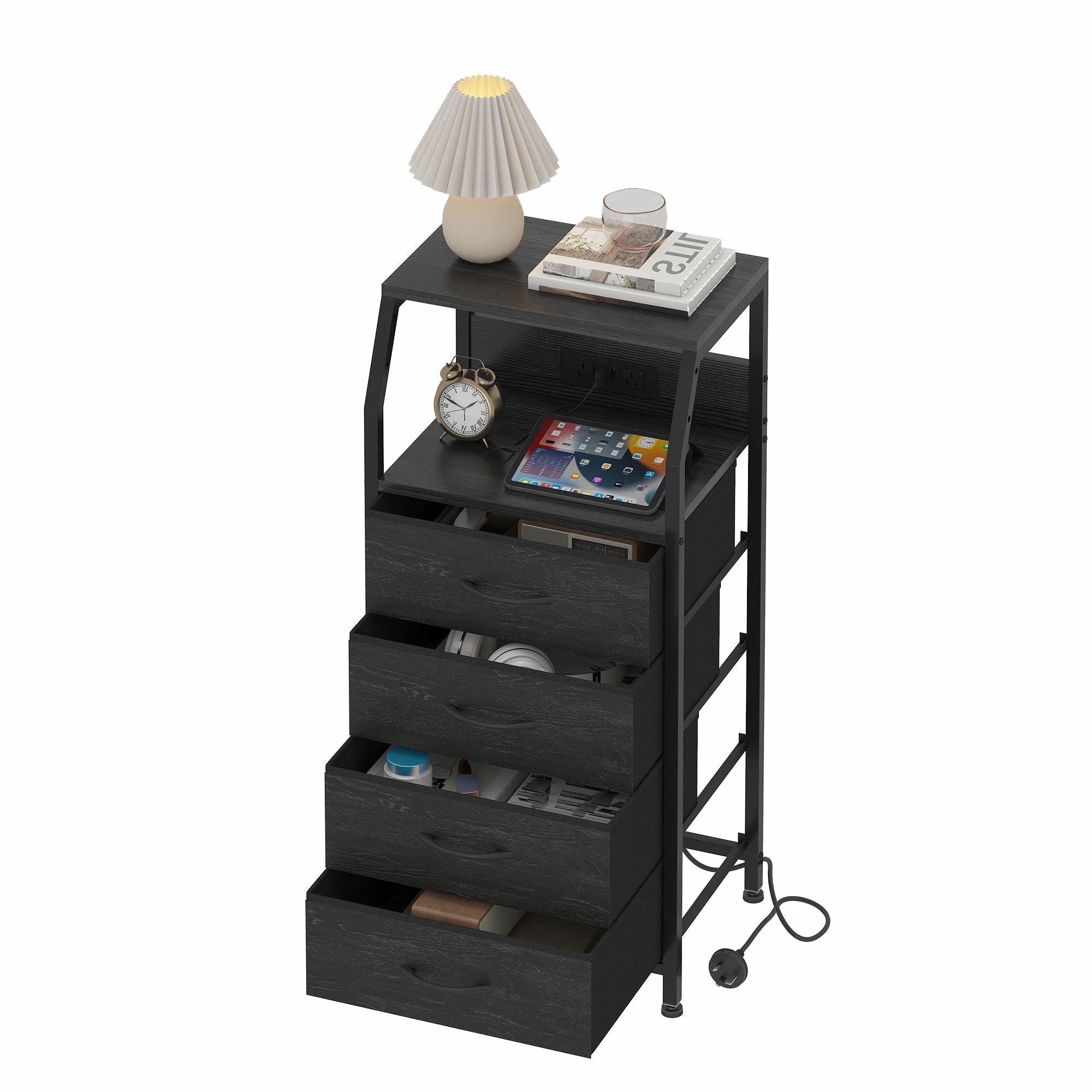 4 Advwin Set of 2 Bedside Table with Charging Station 4 Fabric Drawers Nightstand - Black, 4 of 10