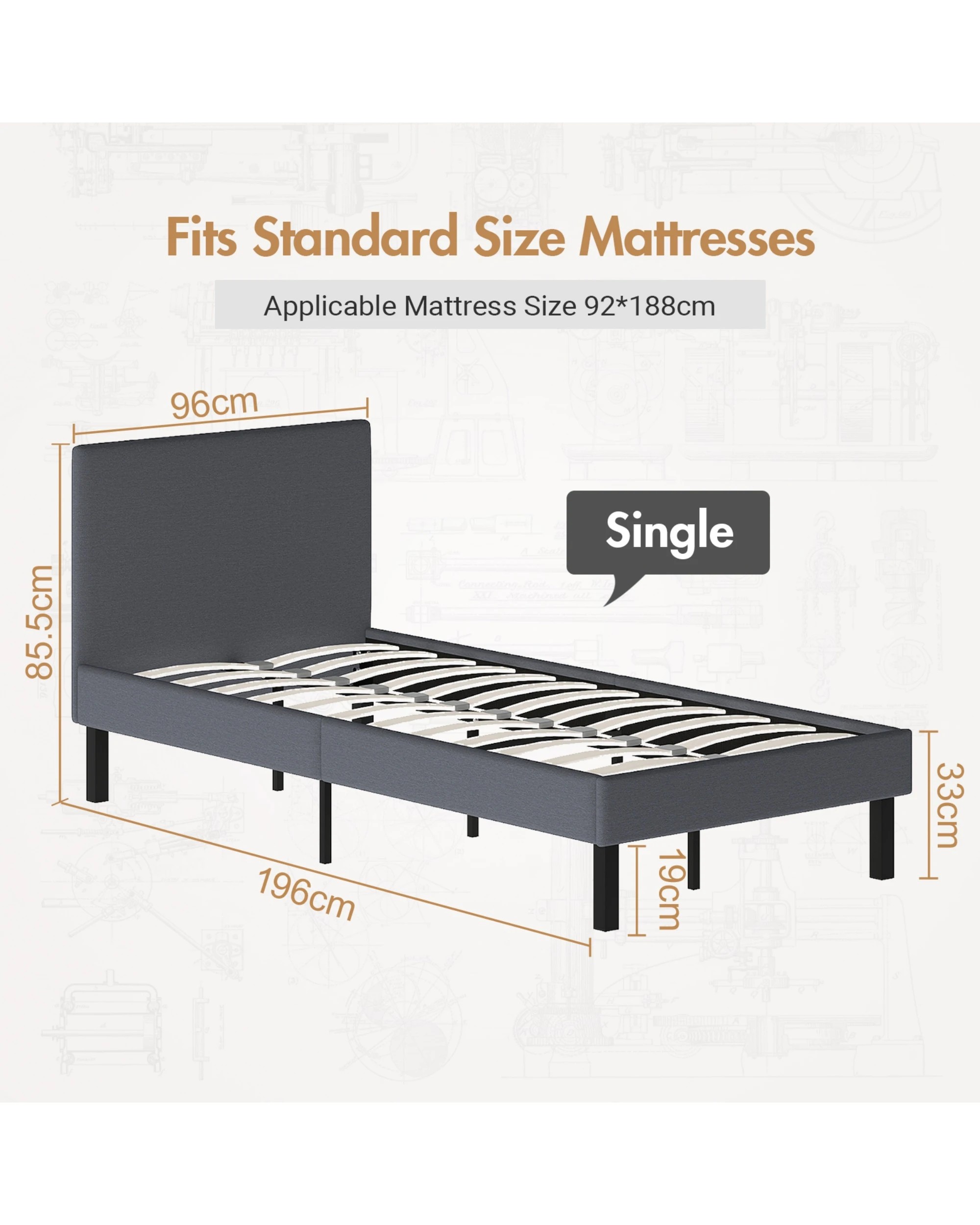 2 Advwin Single Bed Frame Platform Fabric With Upholstered Headboard Grey, 2 of 8