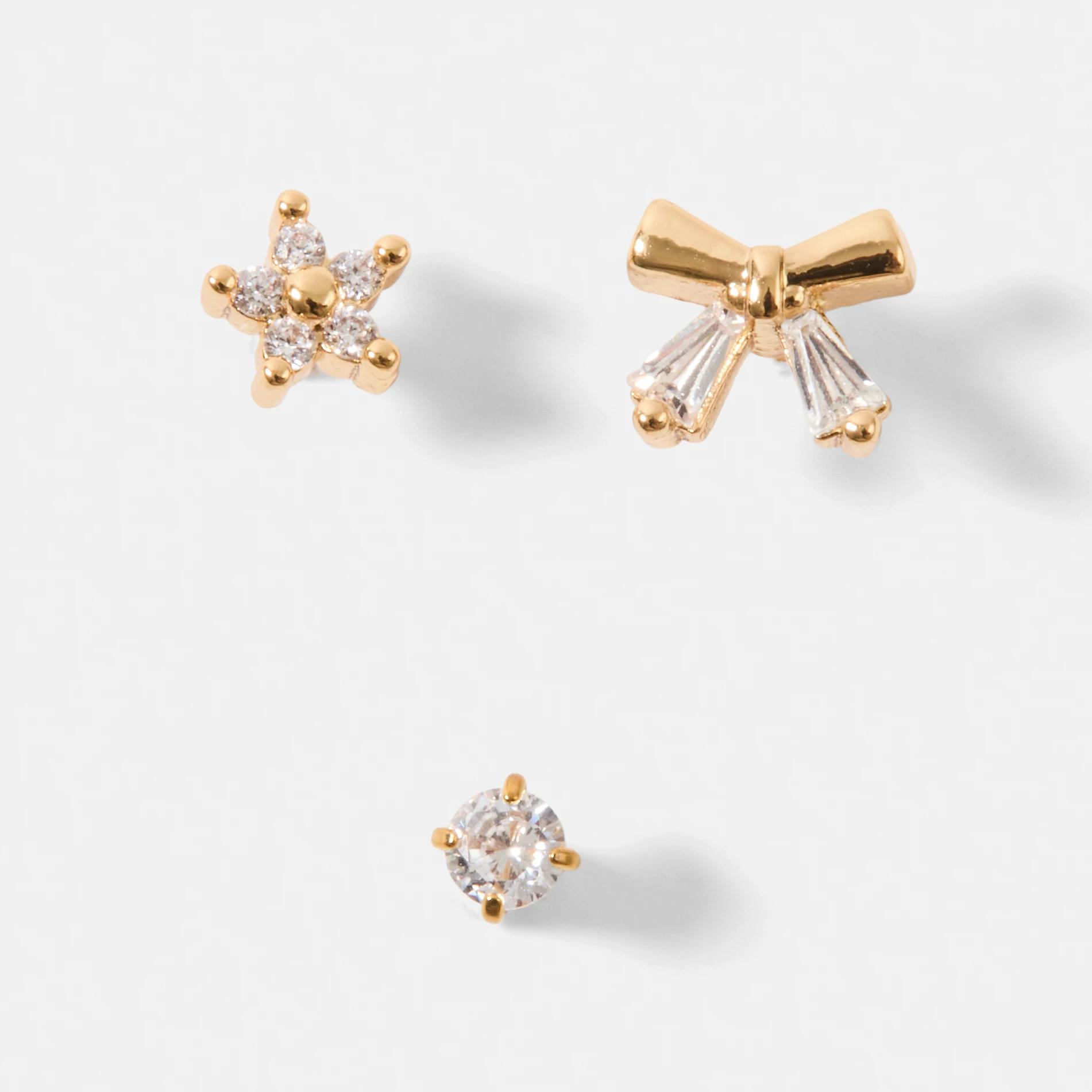 1 3 Pack Cubic Zirconia Bow Ear Piercing Studs - Gold Tone GOLD, 1 of 4