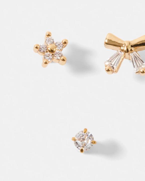 3 Pack Cubic Zirconia Bow Ear Piercing Studs - Gold Tone