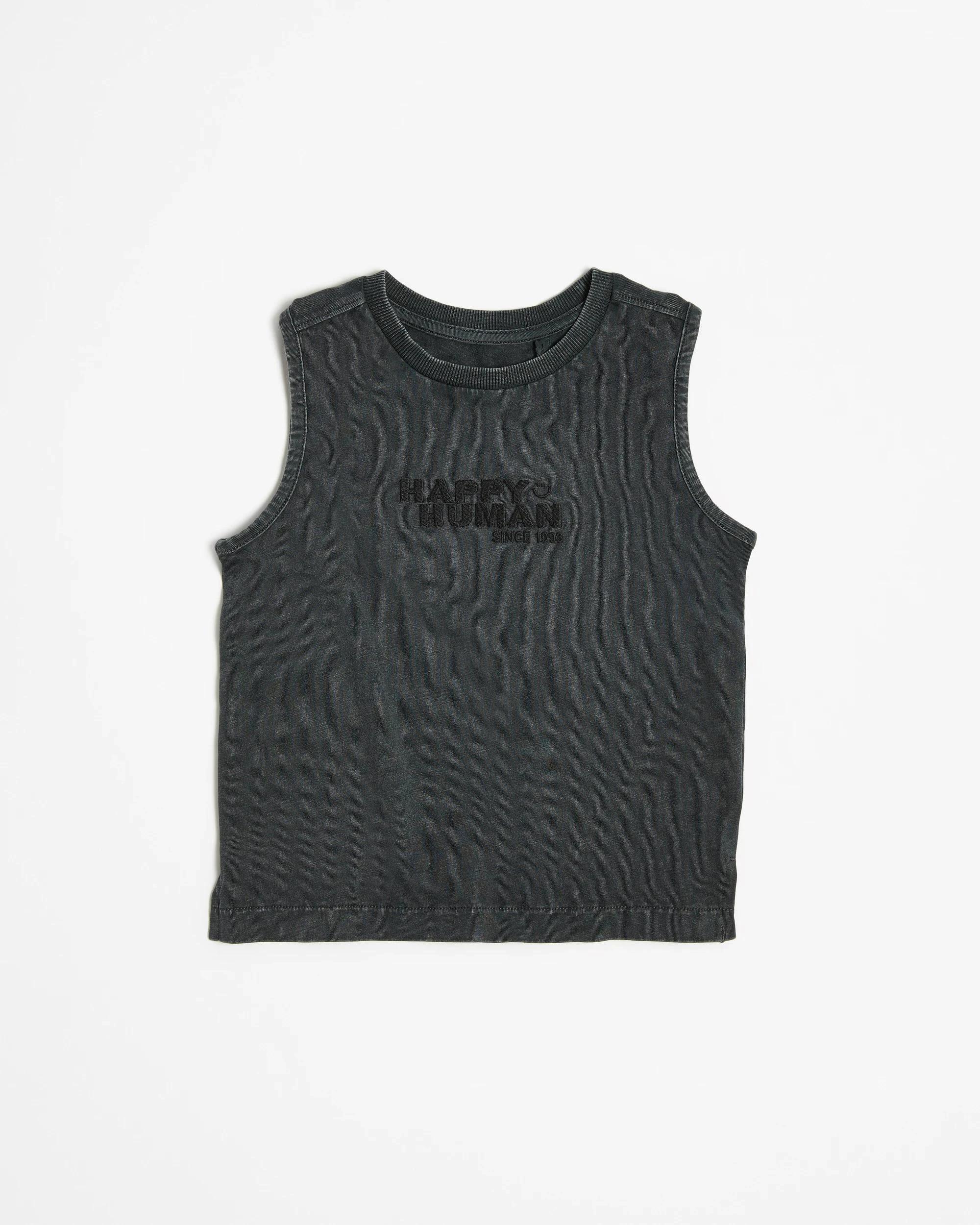 4 Target Australian Cotton Embroidered Washed Tank CHARCOAL HAPPY HUMAN, 4 of 5