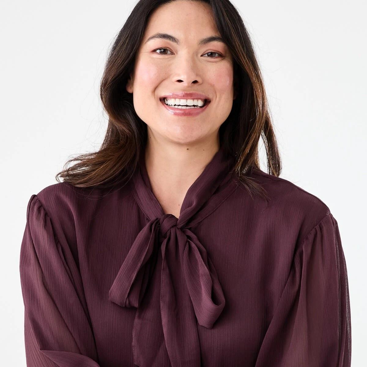 4 Long Sleeve Neck Tie Blouse Mulberry, 4 of 6
