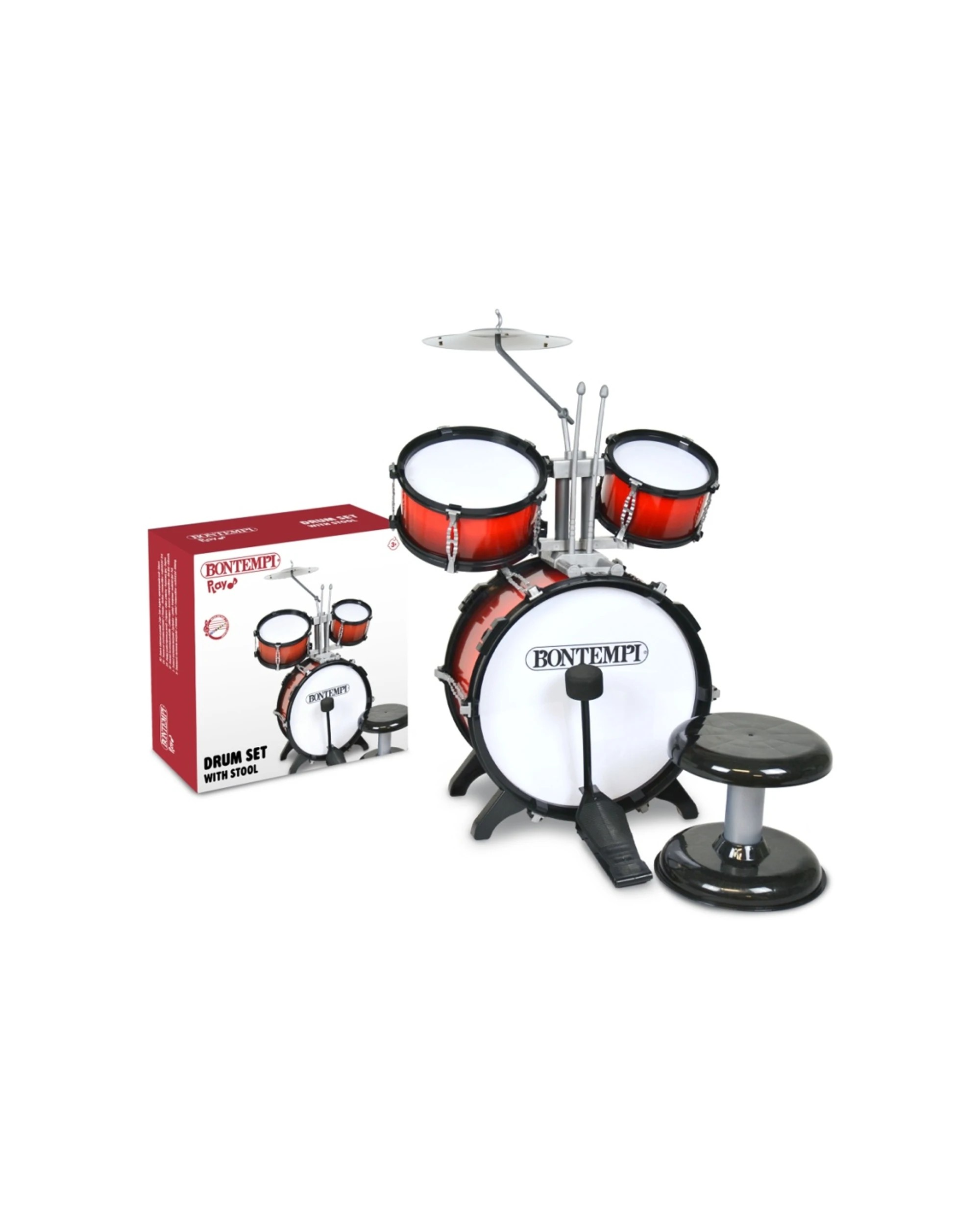 3 Bontempi Drum Set Diameter With 2 Side Drums Cymbal And Stool 330mm - Multi, 3 of 3