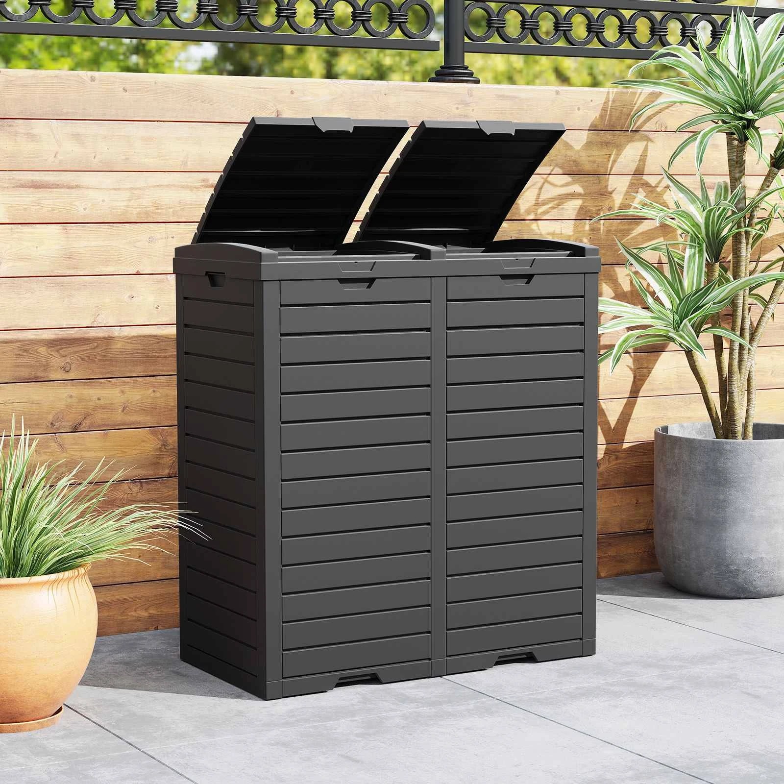 3 Costway 235L Outdoor Trash Can Waterproof Double Bucket - Black, 3 of 3