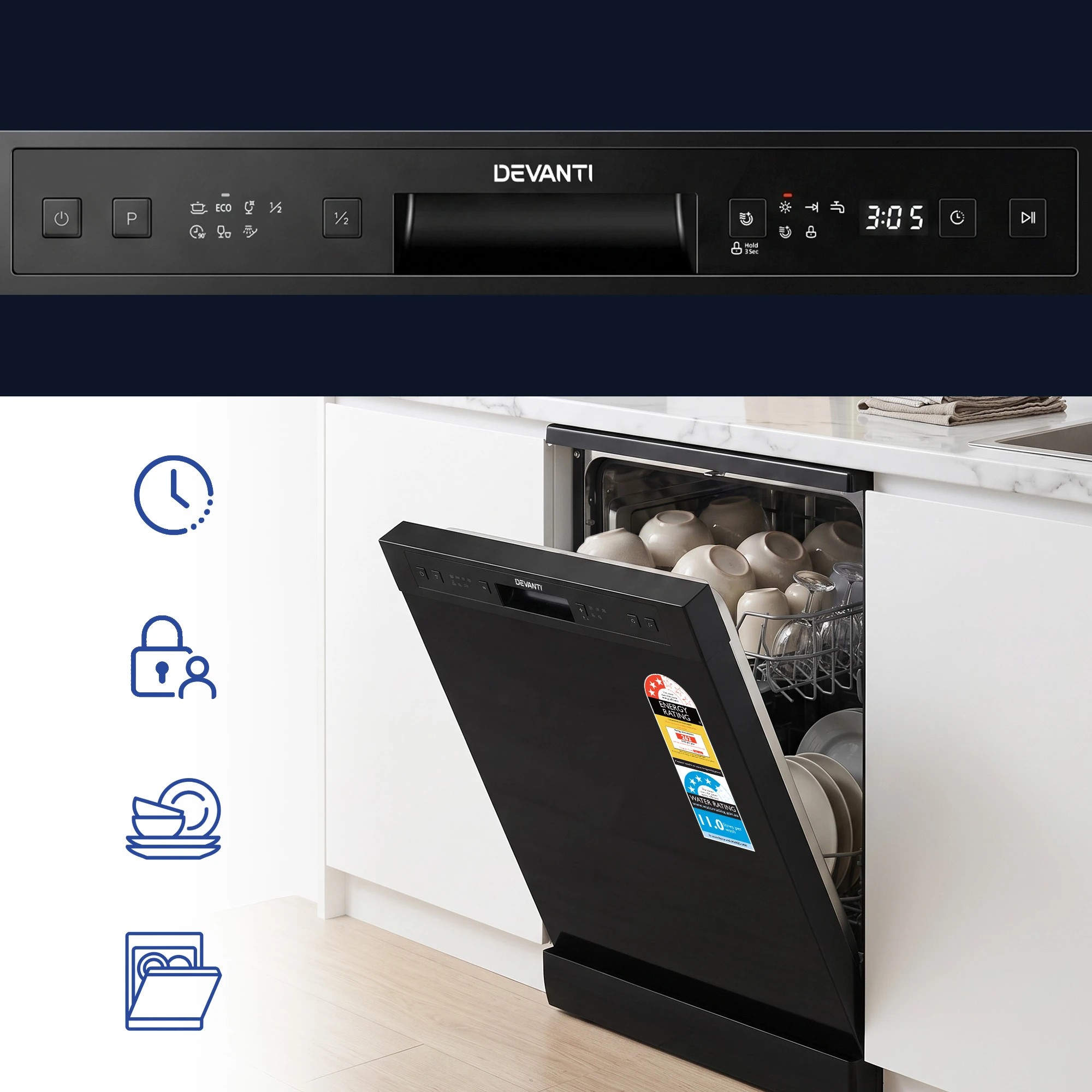 6 Devanti 12 Place Settings Dishwasher 55cm Freestanding Benchtop Built-In - Black, 6 of 10