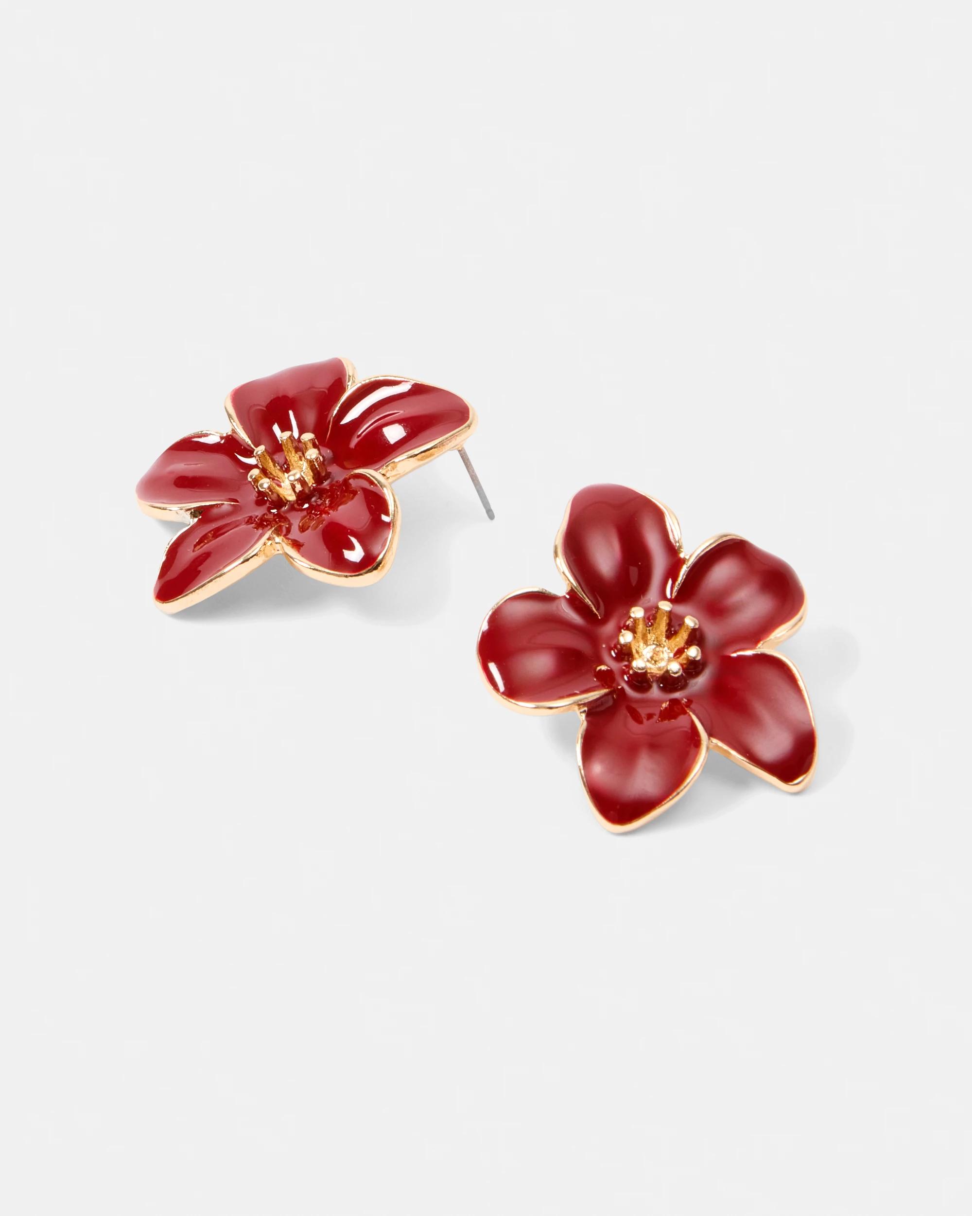 3 Flower Stud Earrings - Red and Gold Tone Red, 3 of 5