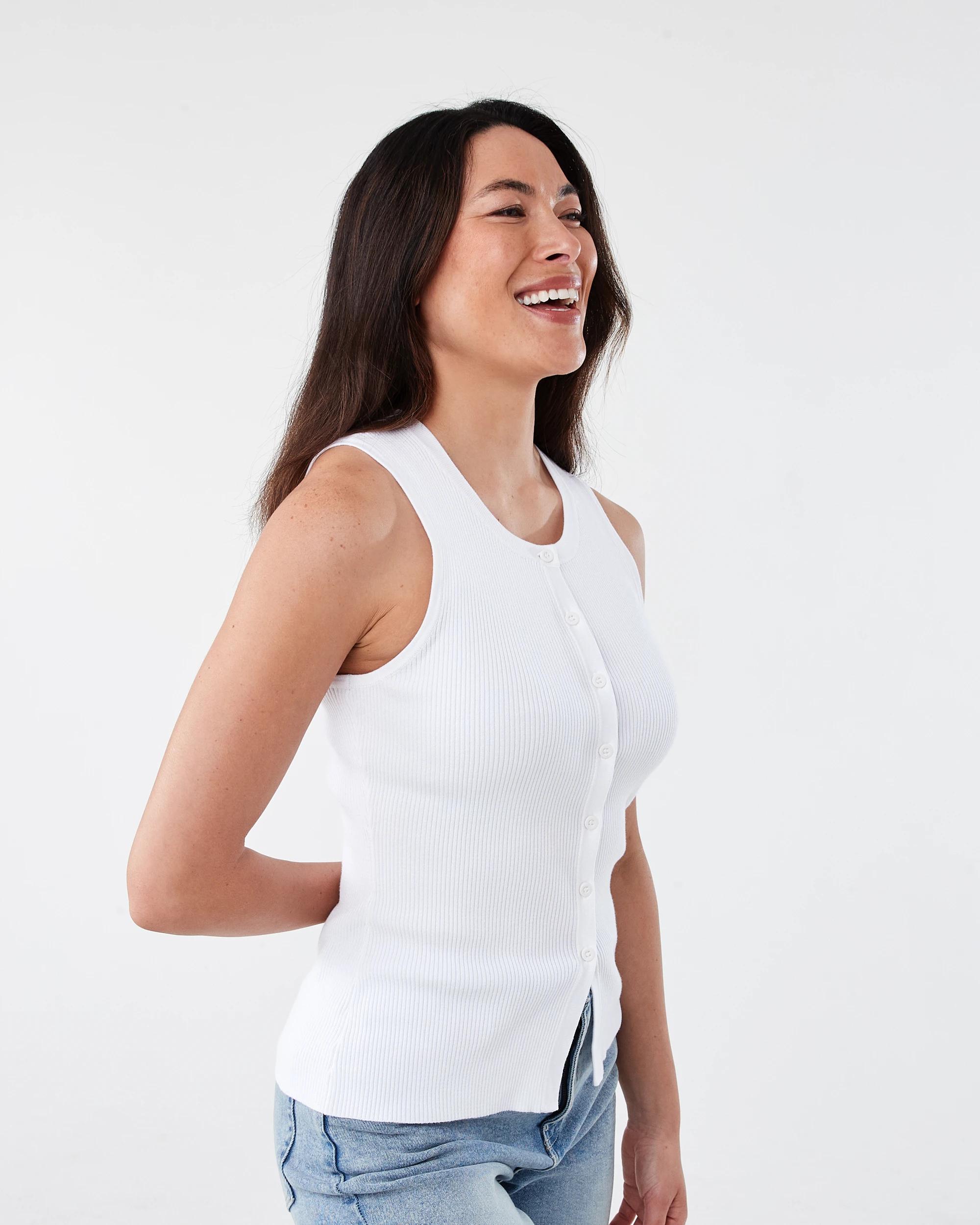 2 Sleeveless Rib Button Tank White, 2 of 5