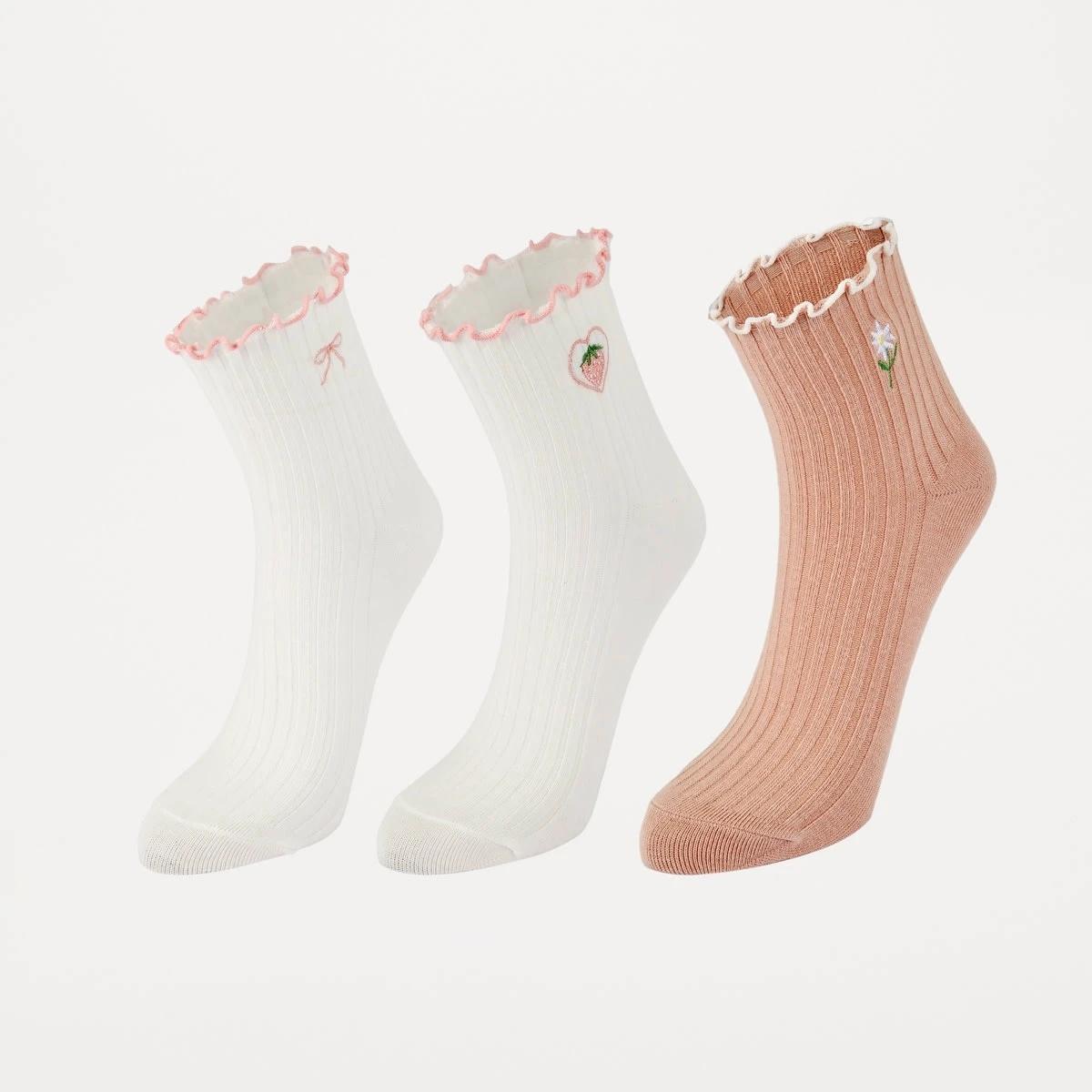 1 3 Pack Frill Quarter Crew Embroidery Socks BOW BERRY ROSE SMOKE, 1 of 3