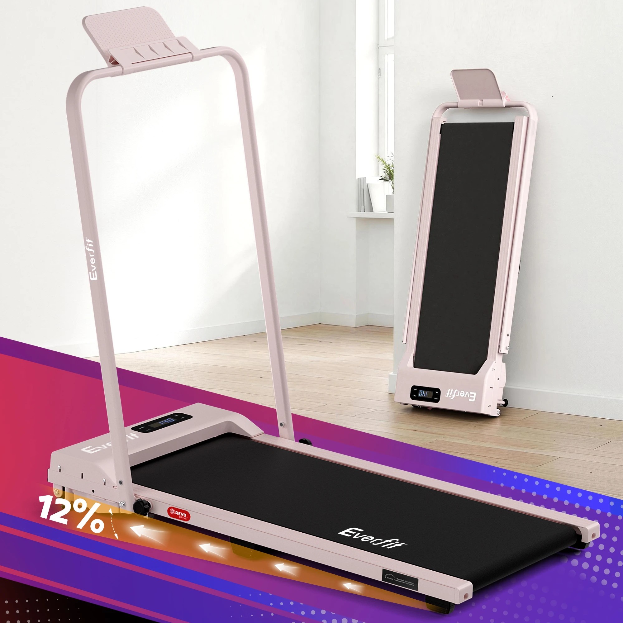 2 Everfit 3 in 1 Walking Pad Treadmill 12% Incline Foldable Under Desk Treadmills for Home Gym - Pink, 2 of 9