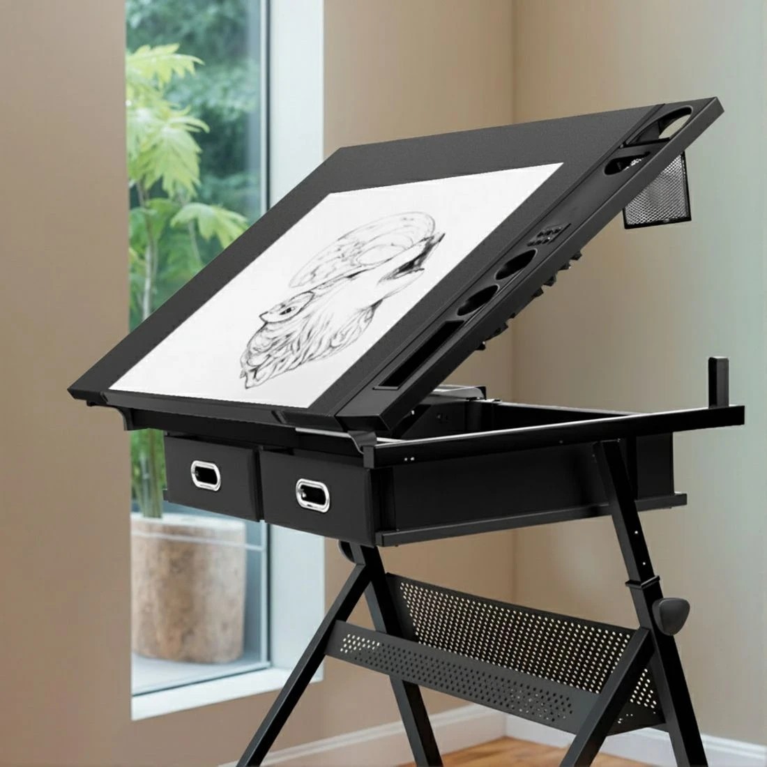 4 Artiss Drawing Desk Stool Set Drafting Table Adjustable Angle Tilt Drawers - Black, 4 of 5