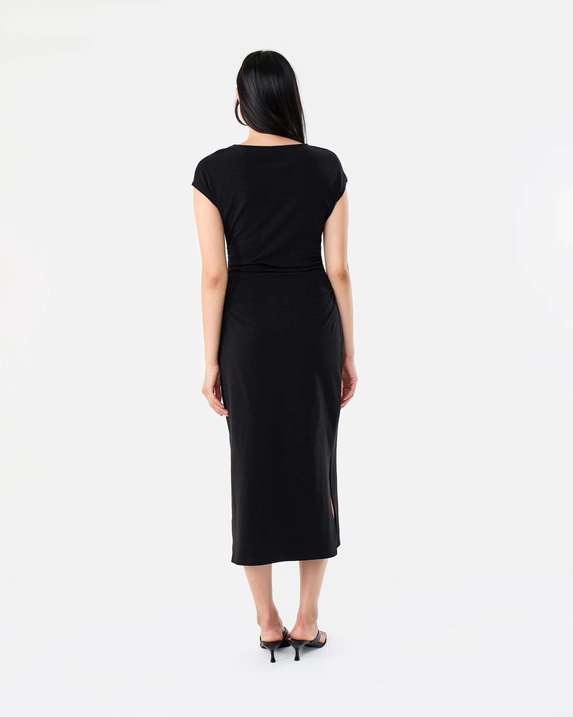 3 Short Sleeve Gathered Waist Midi Dress Black, 3 of 8