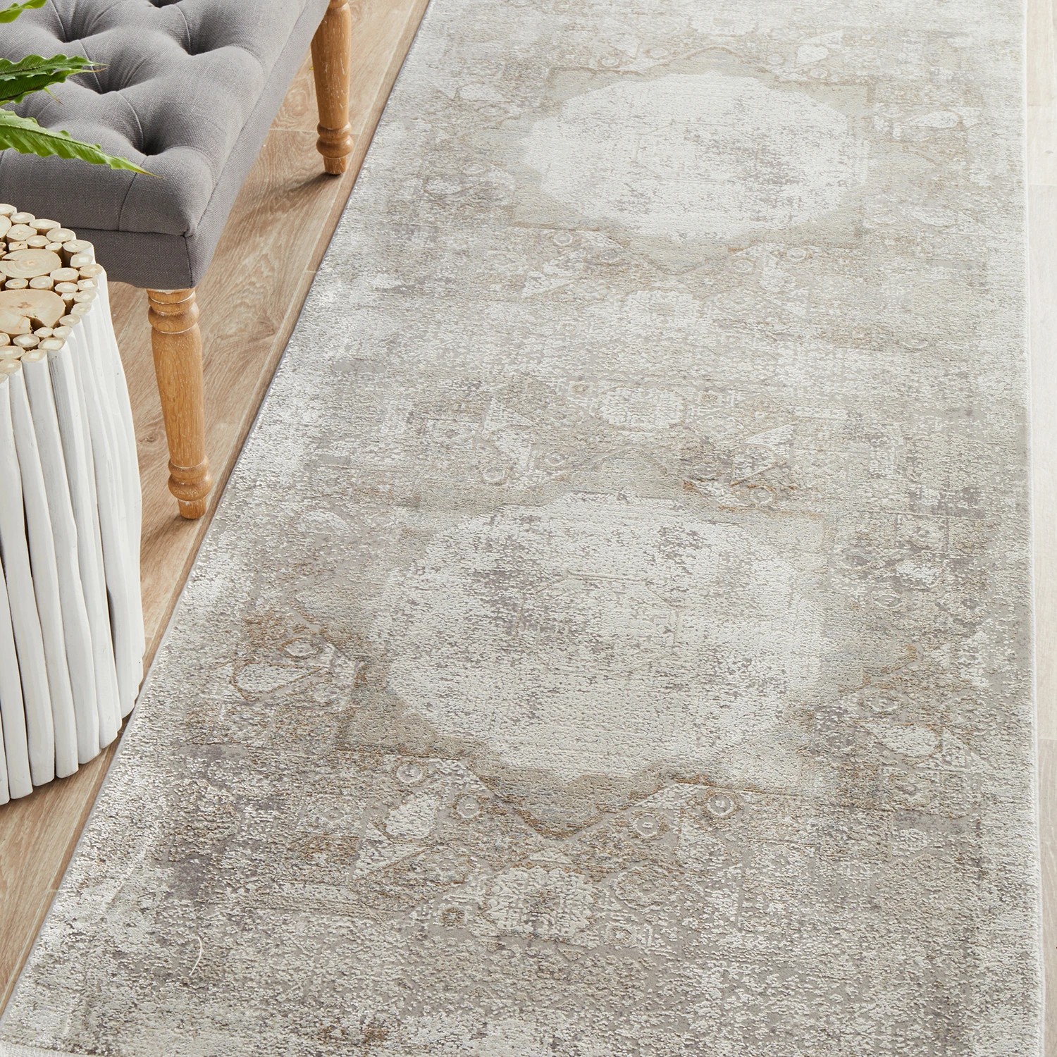 1 Common Ground Rugs Glimmers 110 400x80cm Runner - Large Bamboo Silk Rug - Grey, 1 of 9