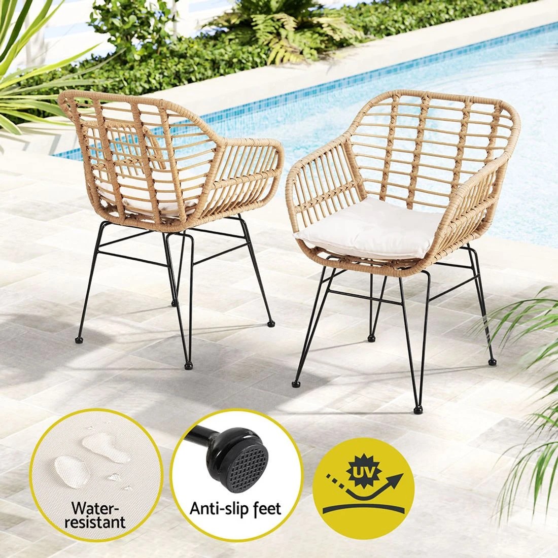 4 Gardeon 3PC Outdoor Furniture Bistro Set Lounge Setting Table Chairs Cushion Patio - Brown, 4 of 4