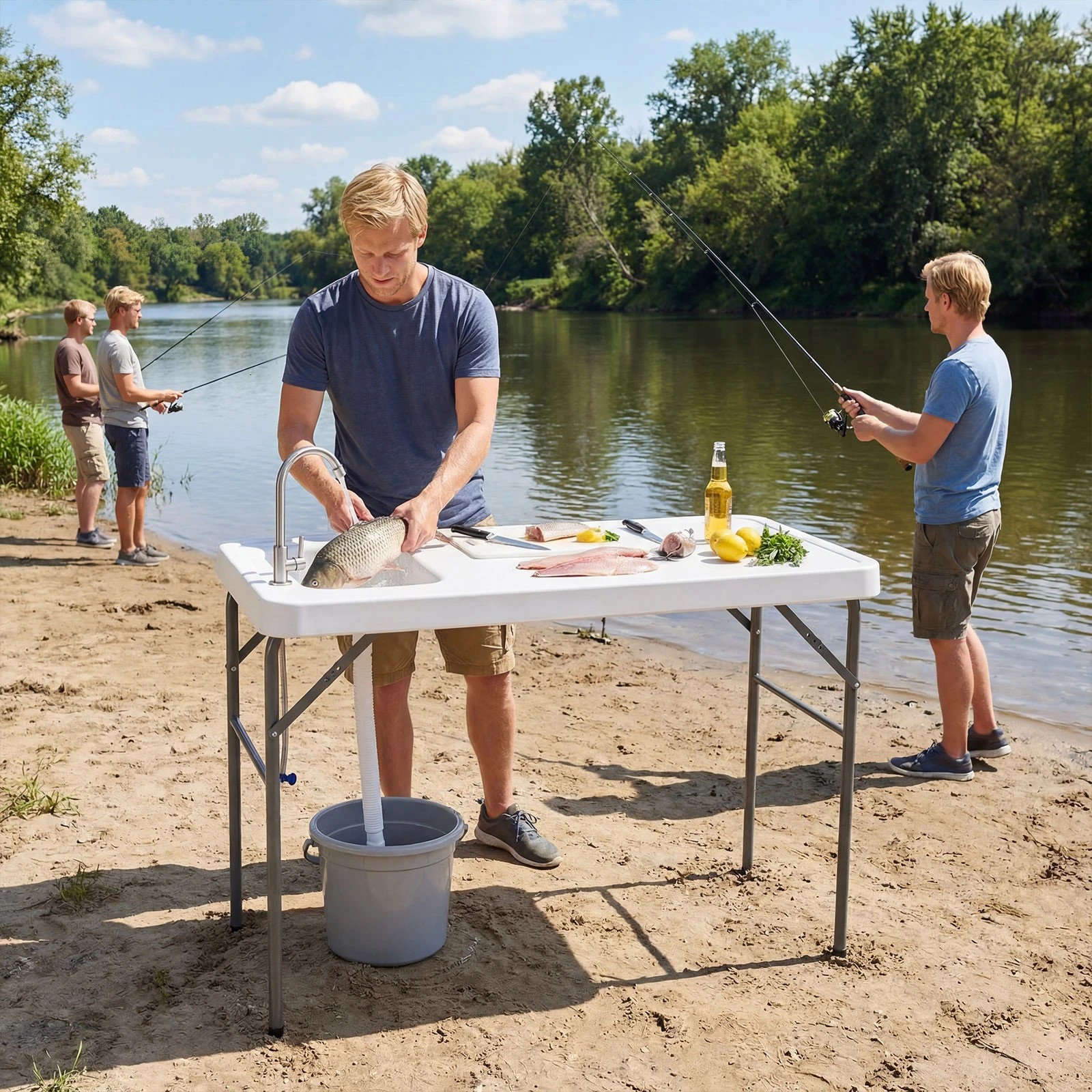 3 Costway 114cm Folding Camping Table Fish Cleaning Table w/Sink Outdoor Picnic Table - White, 3 of 4