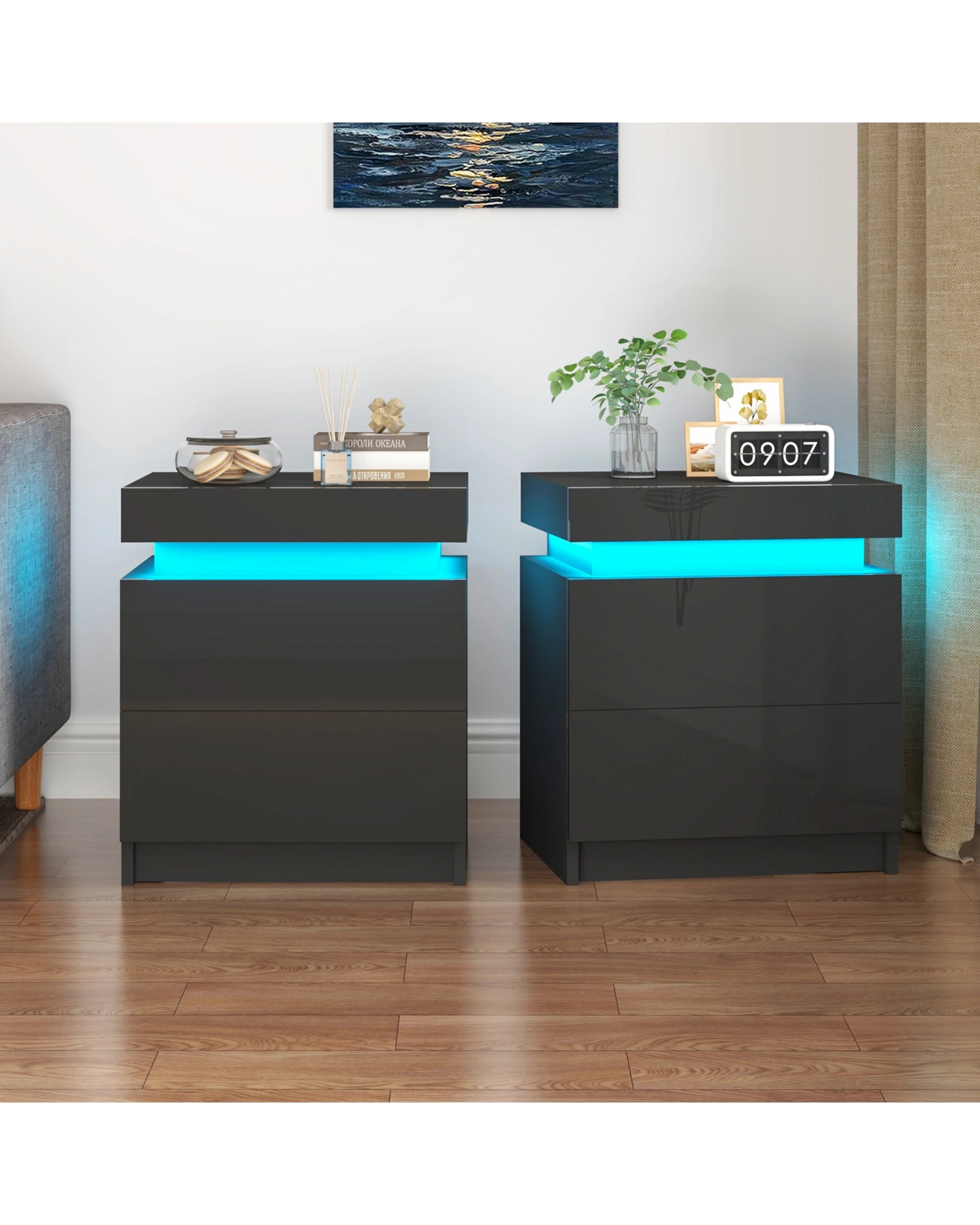 2 Advwin Set of 2 LED Bedside Table 2 Drawers Lift Up Nightstand, 2 of 8