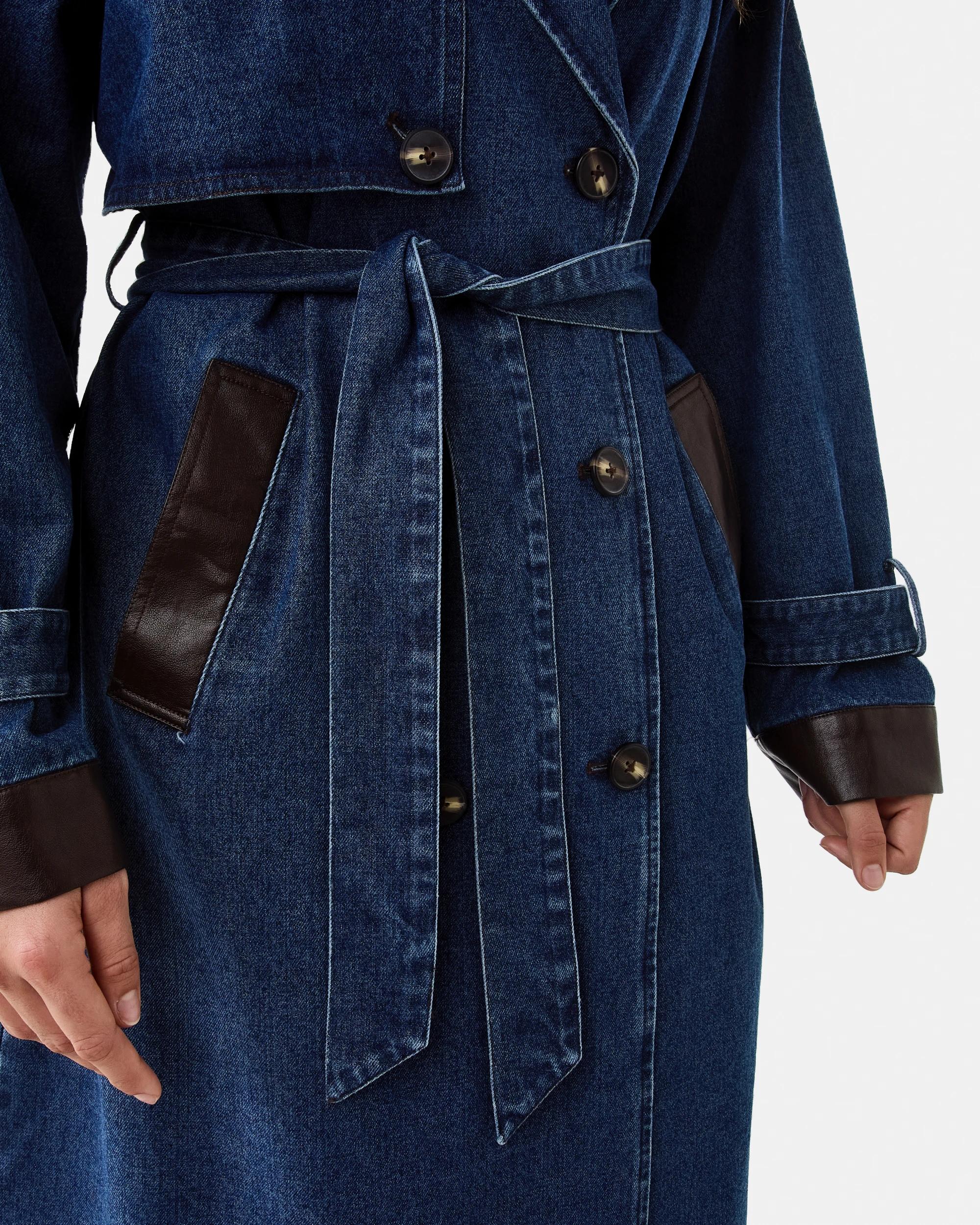 7 Leather Look Trim Denim Trench Coat Dark Wash, 7 of 9