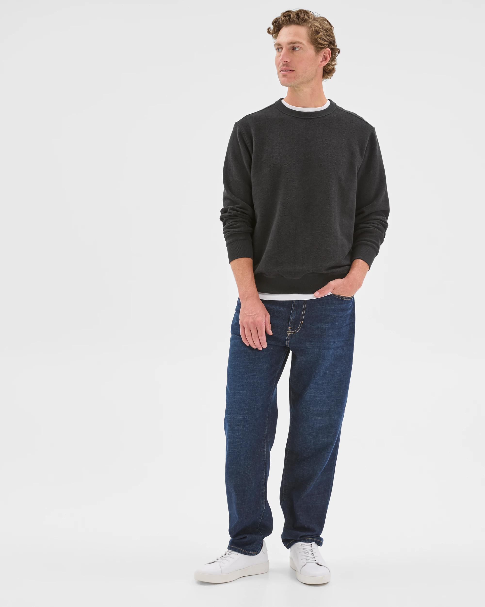 2 Target Man Australian Cotton Herringbone Long Sleeve Crew Neck Fleece Top BLACK, 2 of 6