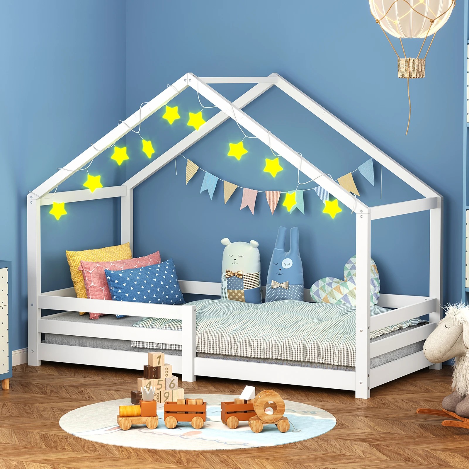 2 Alfordson Kids Bed Frame Wooden Timber Single House Frame Platform Base - White, 2 of 7