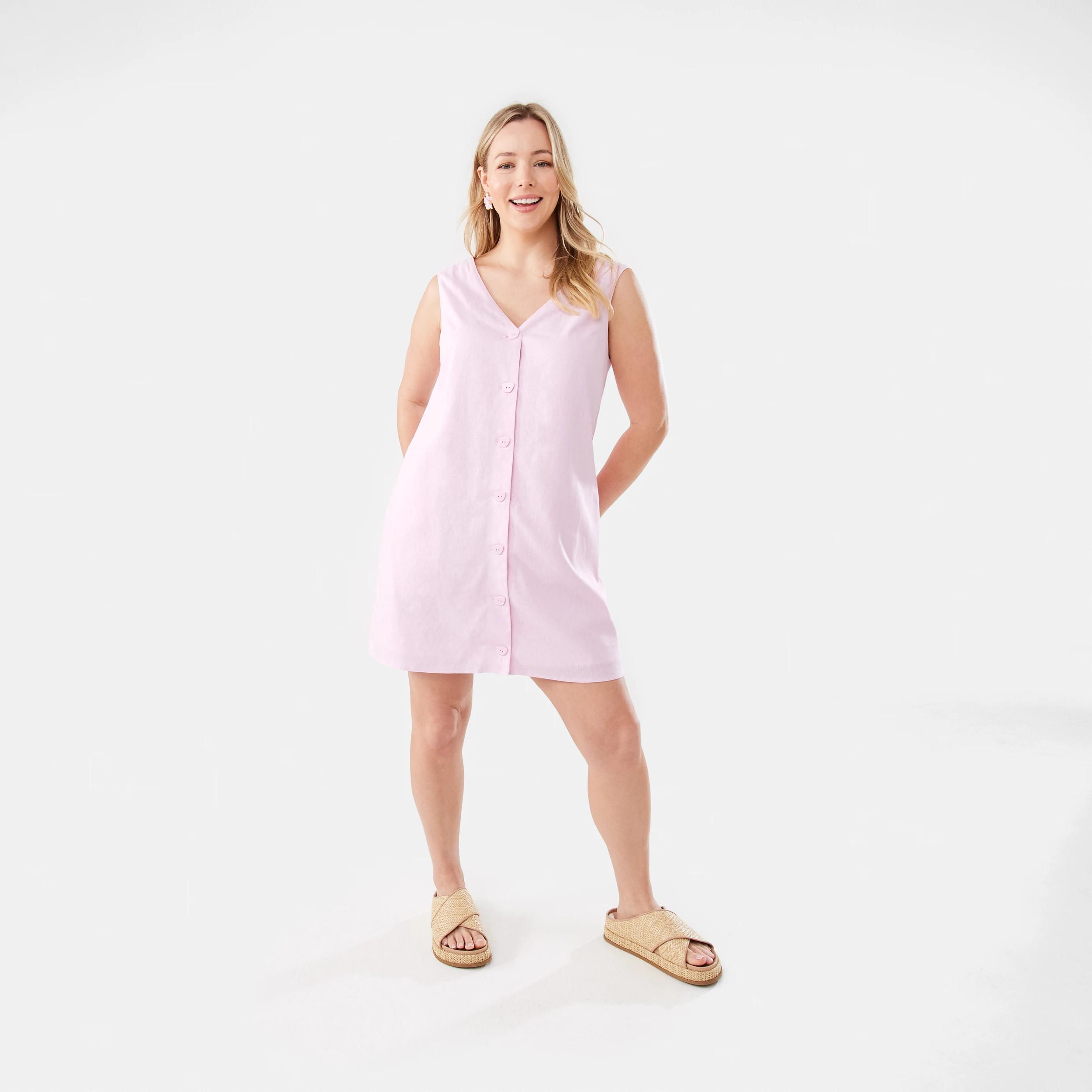 3 Sleeveless V-neck Linen Blend Button Mini Dress Chery Pink, 3 of 9