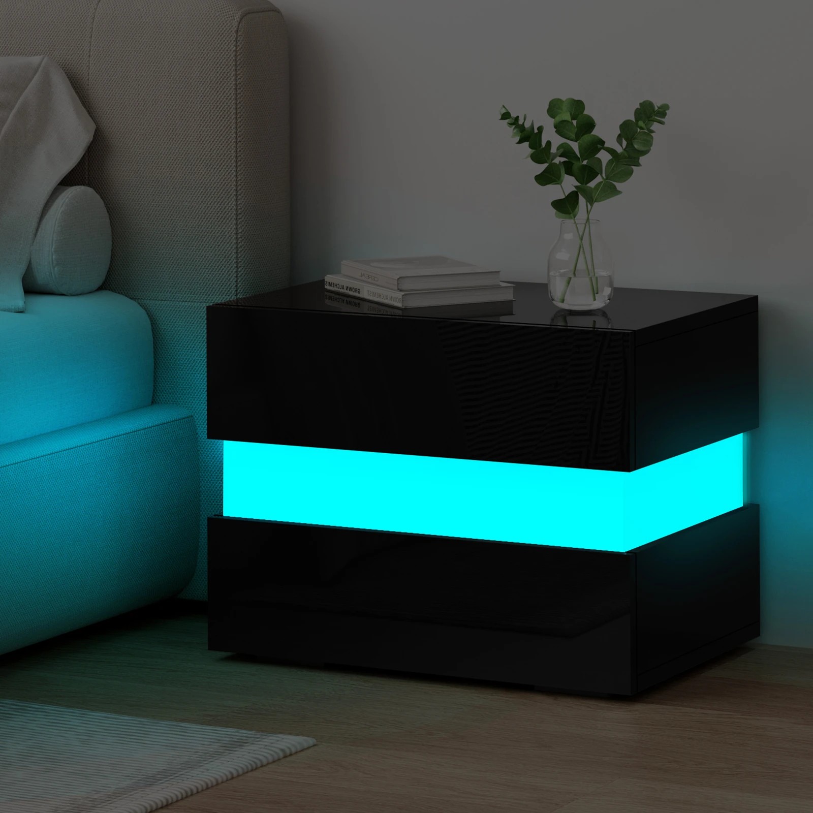 7 Alfordson 2x Bedside Table RGB LED Nightstand 2 Drawers 4 Side High Gloss - Black, 7 of 10