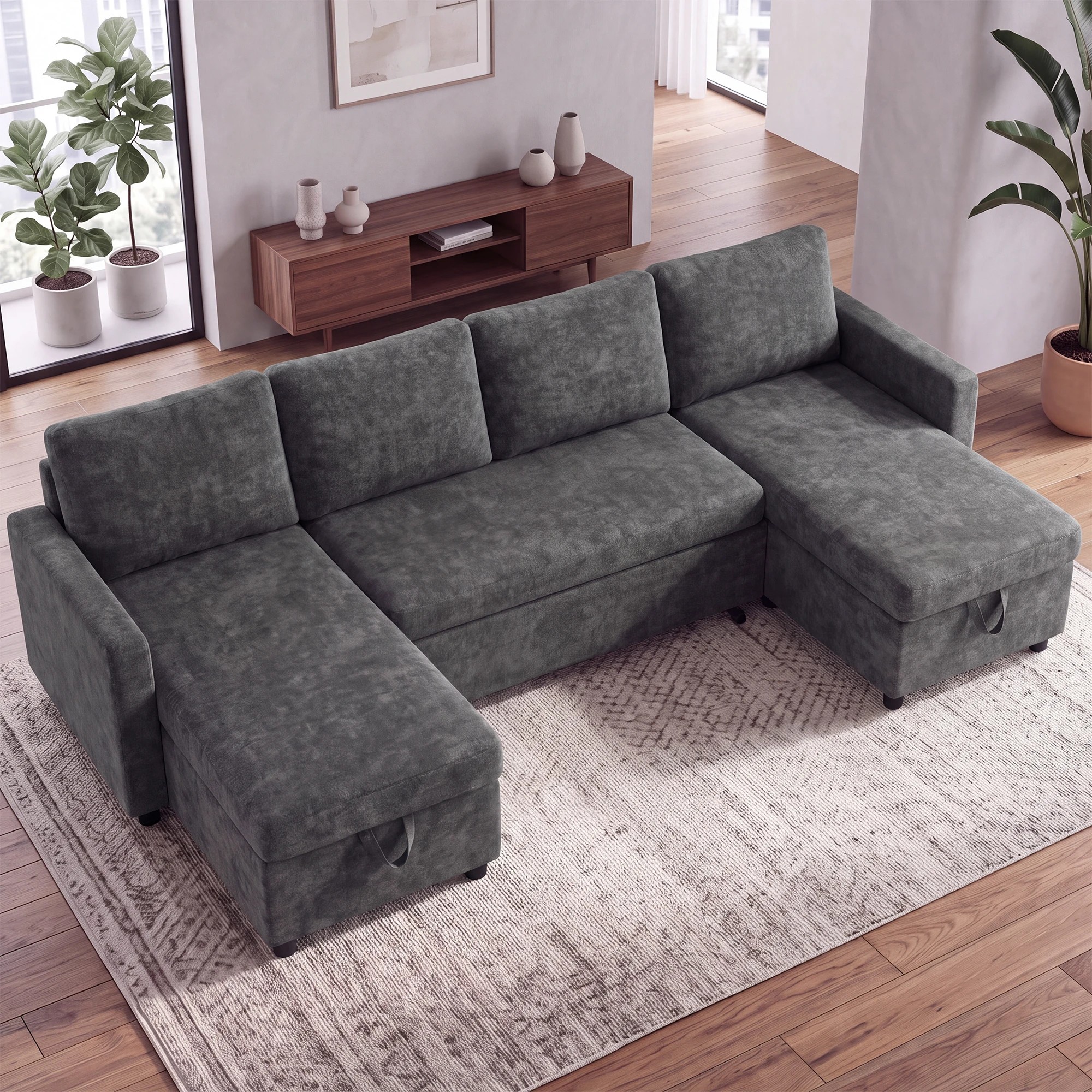 3 Advwin 253cm Sofa with Pull Out Bed U Shaped Chenille Convertible Sleeper Sofa Bed with Double Storage Chaise - Grey, 3 of 9