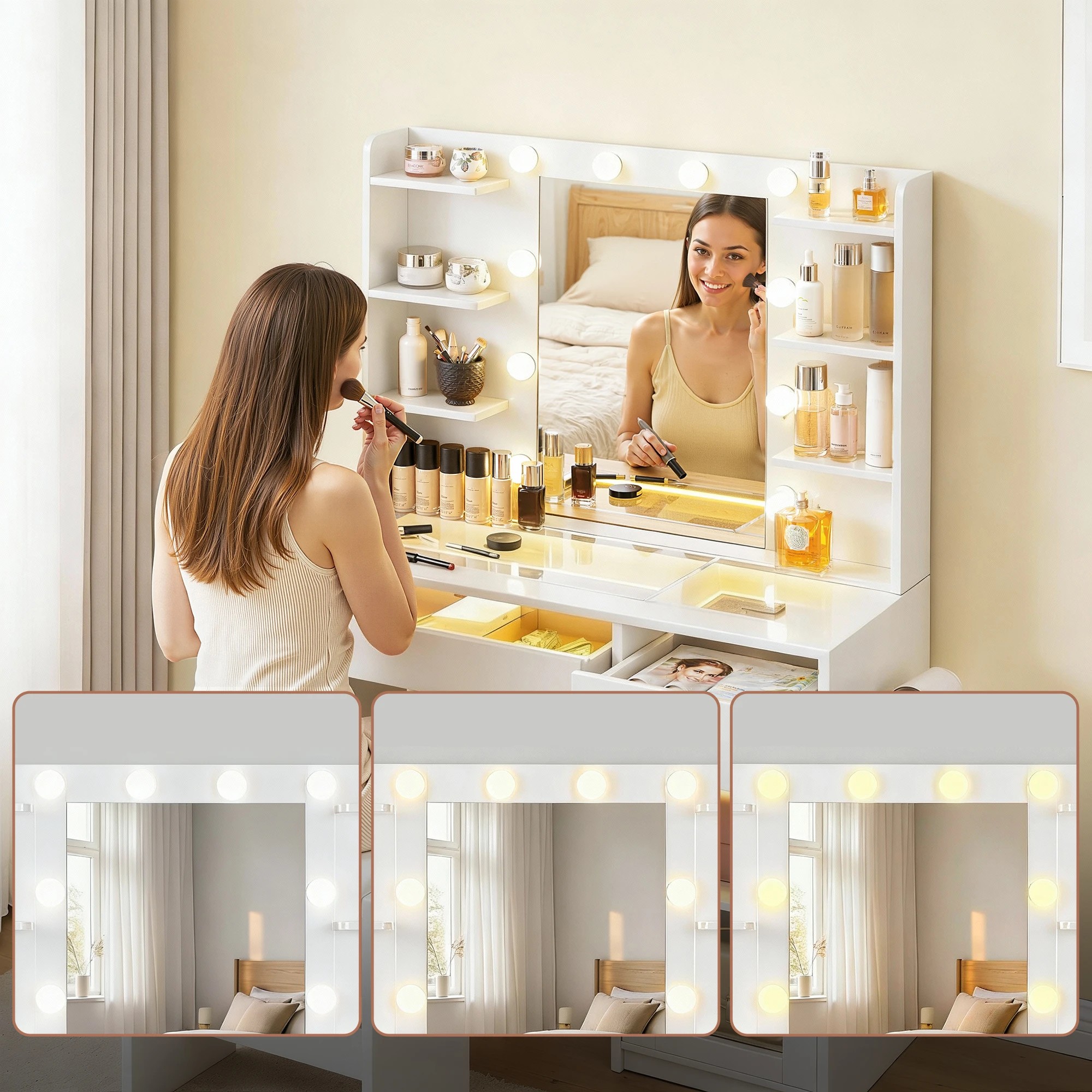 4 Artiss Dressing Table Vanity Desk Set 10 LED Bulbs RGB Light - White, 4 of 10