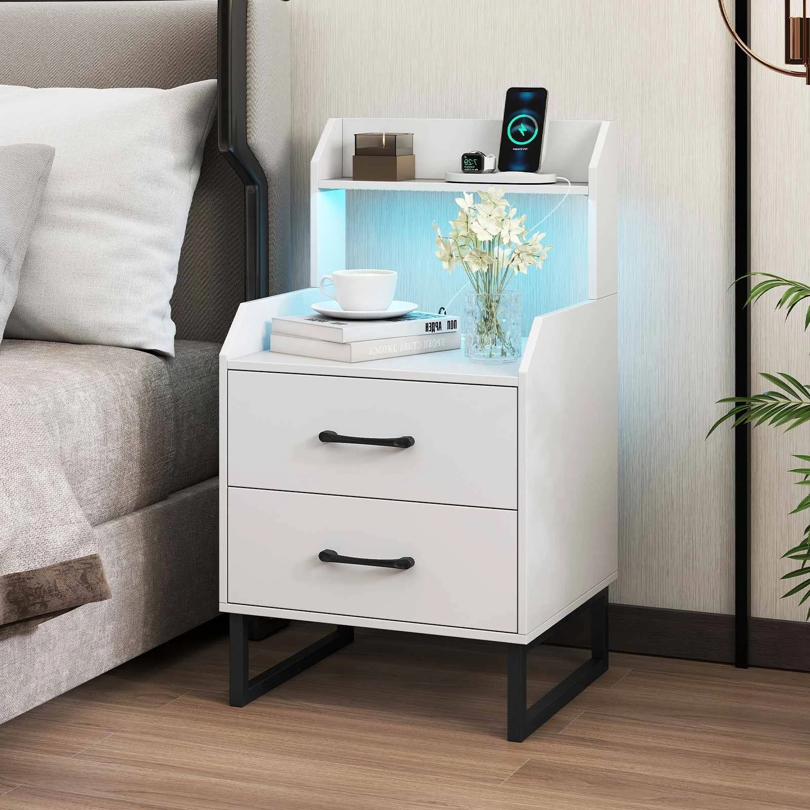 2 Costway Modern Nightstand LED Lights Bedside Table w/Charging Station, 2 of 4