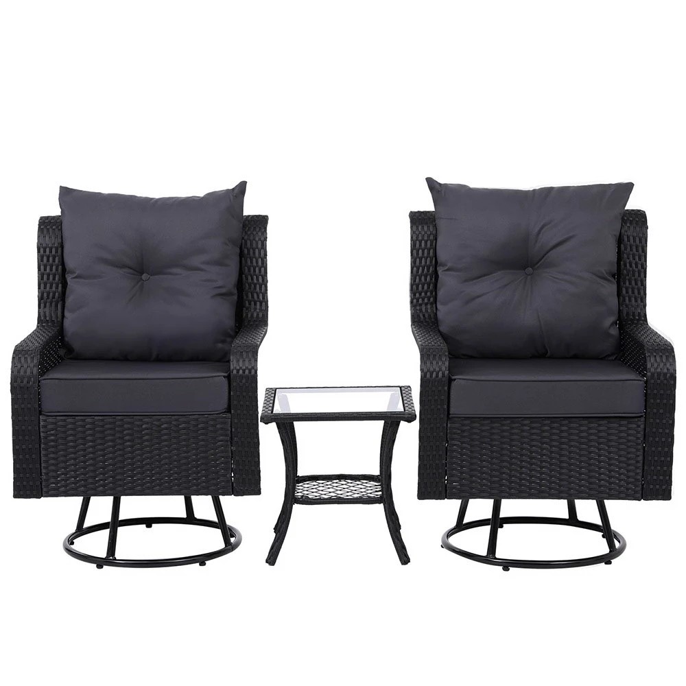 2 Gardeon 3PC Outdoor Furniture Bistro Set Lounge Wicker Swivel Chairs Table Cushion - Black, 2 of 5