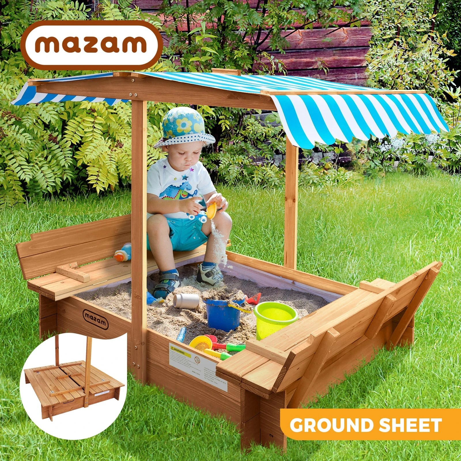 2 Mazam Kids Sandpit Outdoor Toys Wooden Sandbox Beach Play Box Children Canopy
 - multi, 2 of 10