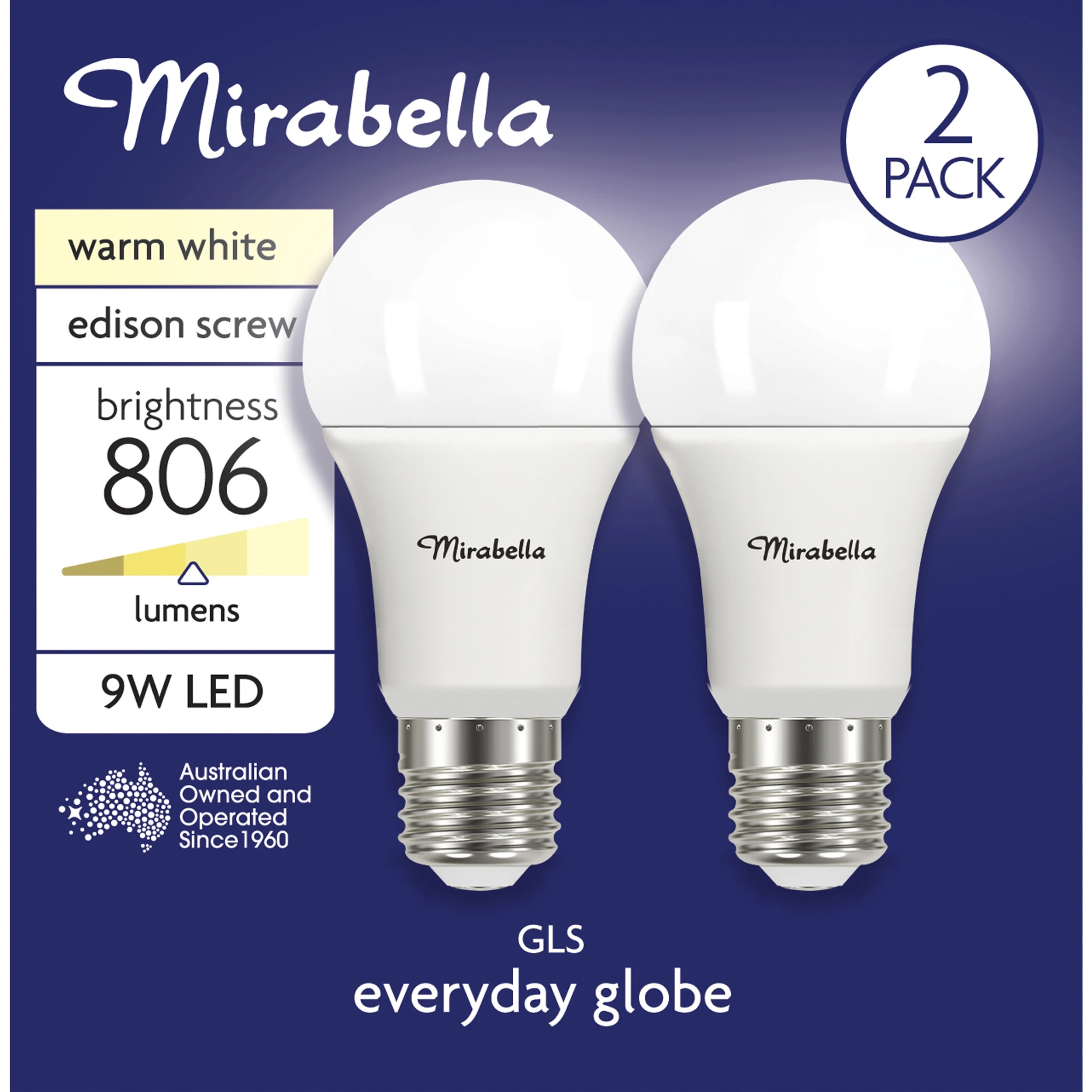 1 2 Pack I004005 Mirabella LED GLS ES 9W 806 Lumen - Warm White, 1 of 6