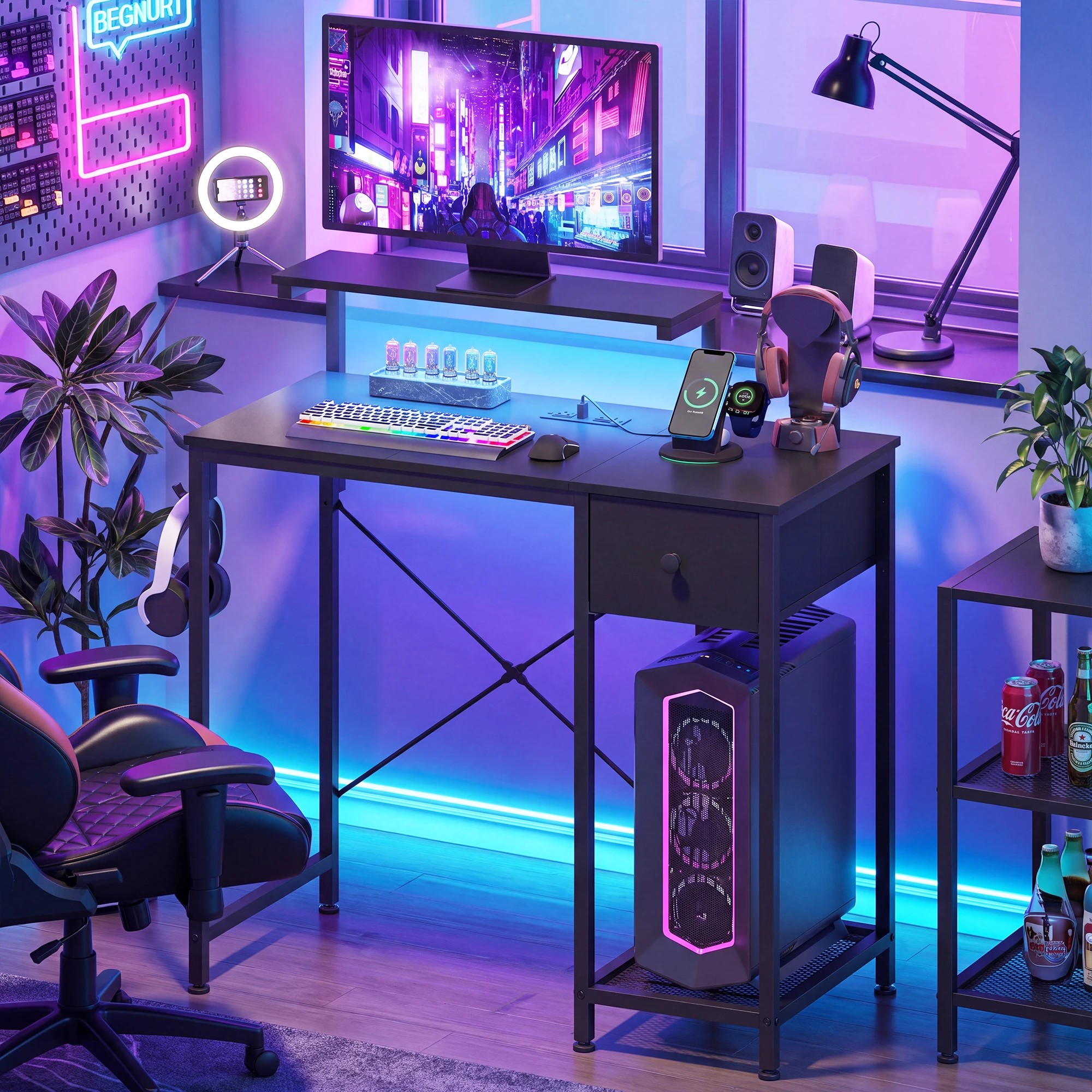 7 Advwin LED Gaming Desk with Adjustable Monitor Stand and Power Outlets Computer Desk with Reversible Shelf - Black, 7 of 9