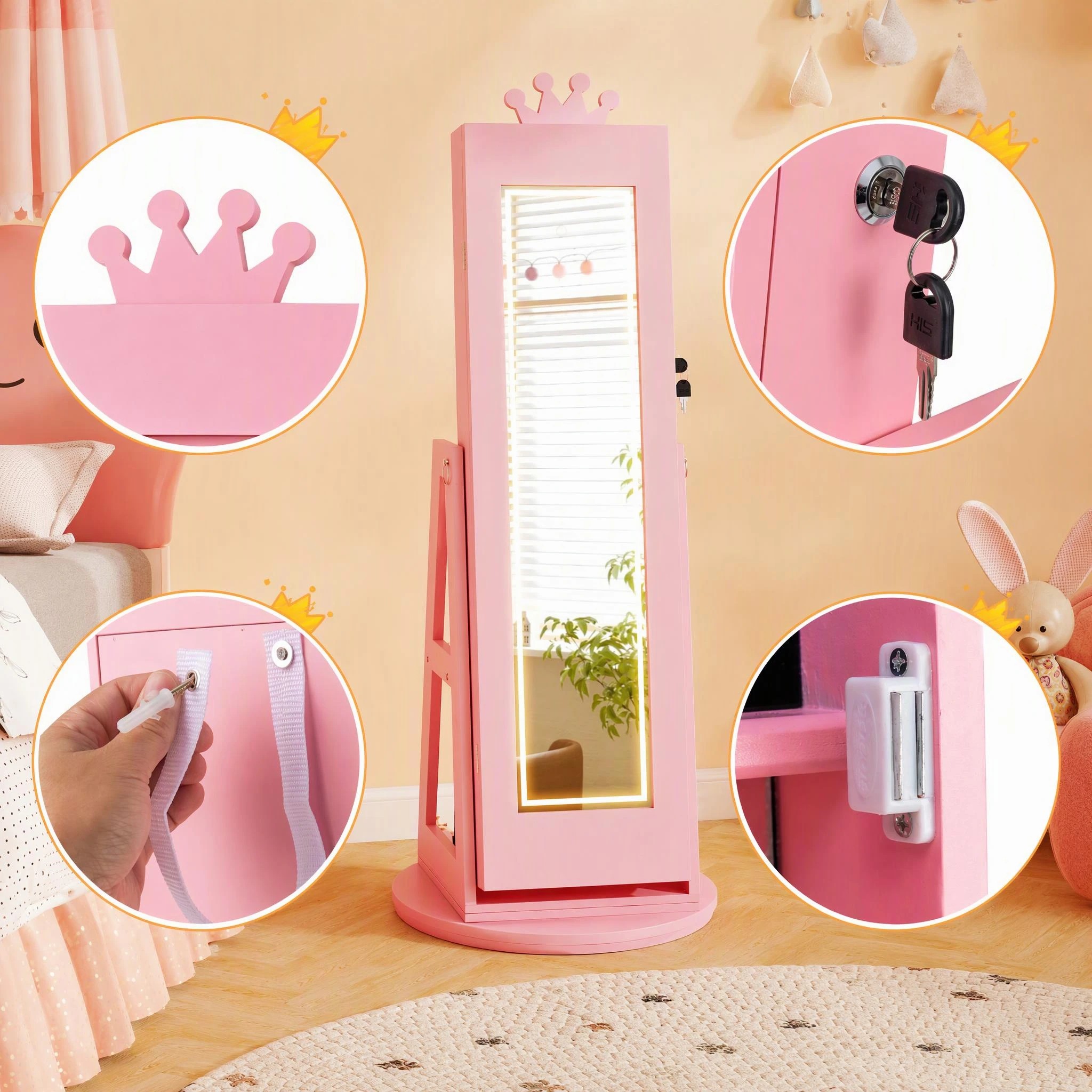 3 Costway Swivel Mirror Jewellery Cabinet Jewelry Organizer Standing Box Princess Armoire - Pink, 3 of 9