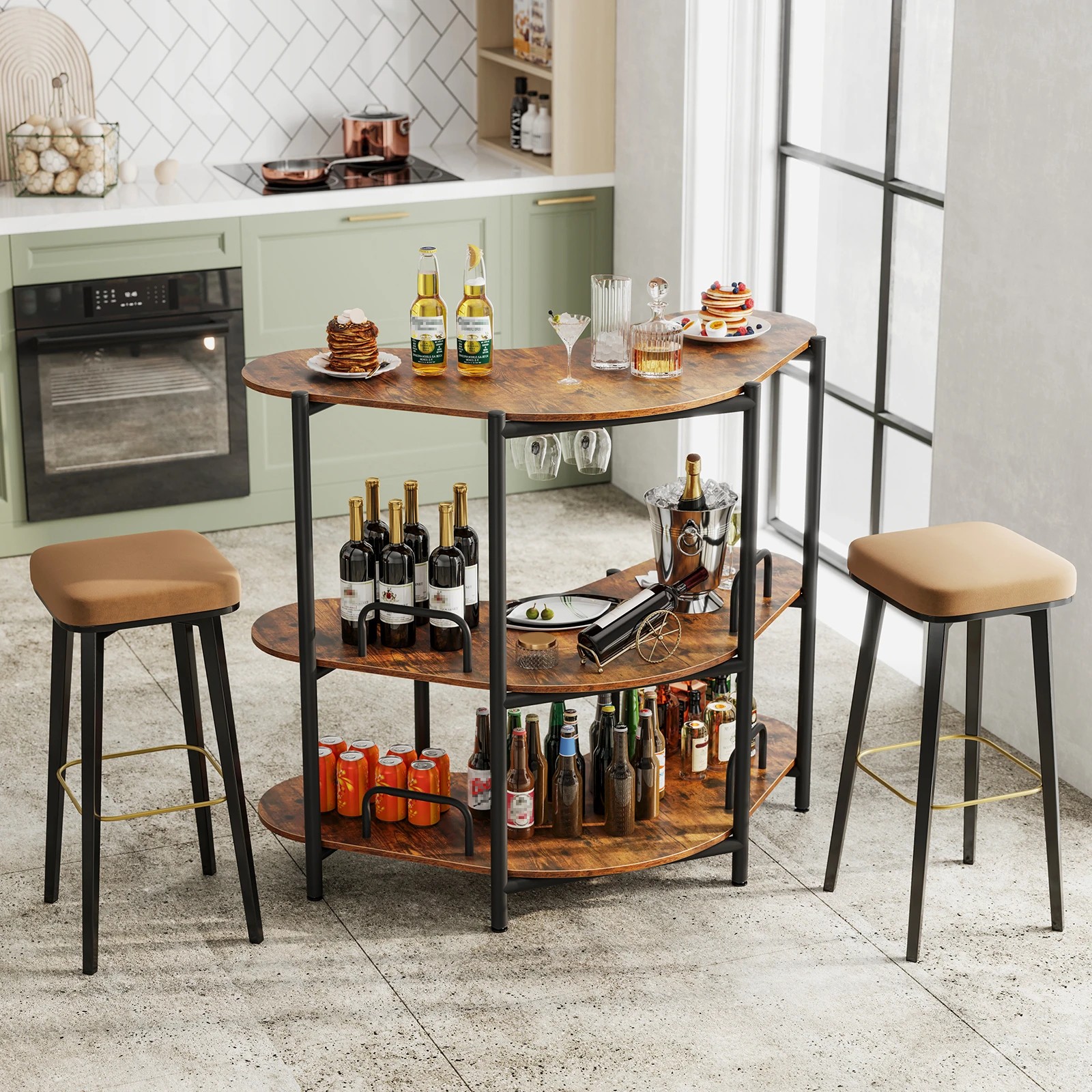 2 Costway 3 Tier Bar Table w/Wine Glass Holder Corner Shelf Side Coffee Table Pub Bistro - Brown, 2 of 4