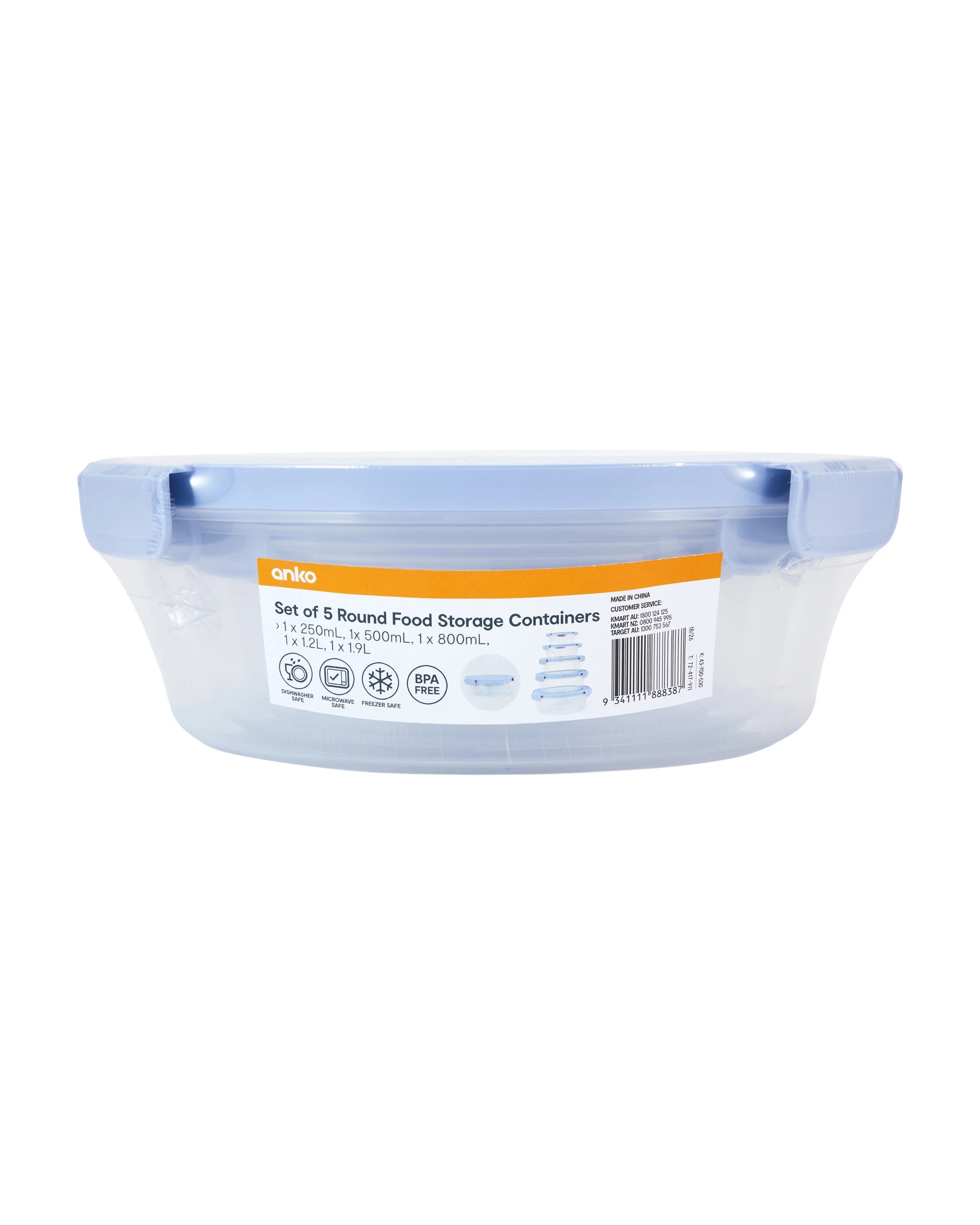 5 Set of 5 Round Food Storage Containers - Blue, 5 of 5