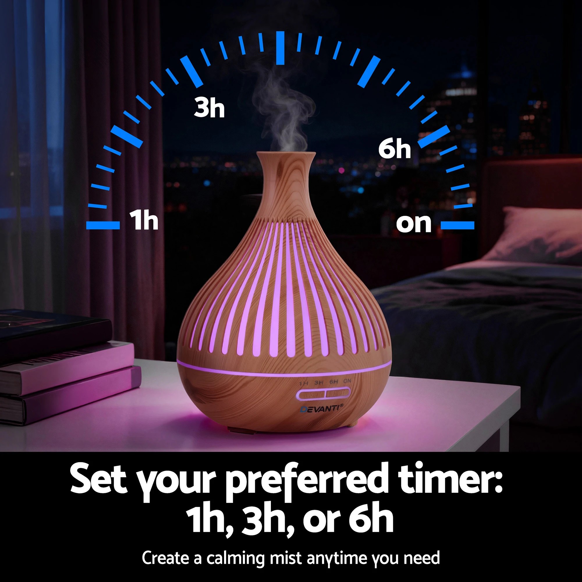 6 Devanti Ultrasonic Aroma Diffuser Aromatherapy 400ml LED Lights Iron Humidifier  Light wood grain - Natural, 6 of 9