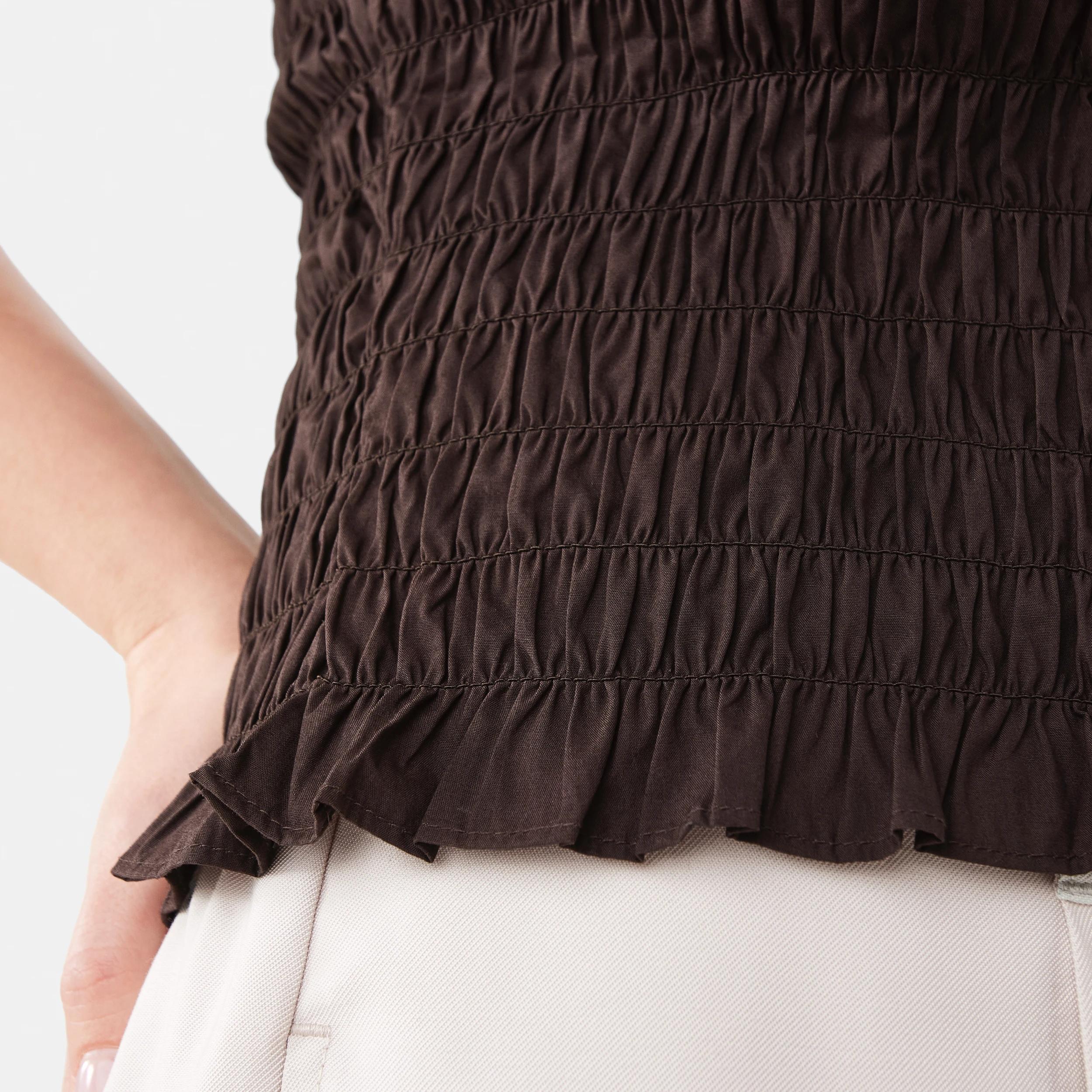 7 Sleeveless Shirred Button Through Top MELTED CHOCOLATE, 7 of 8